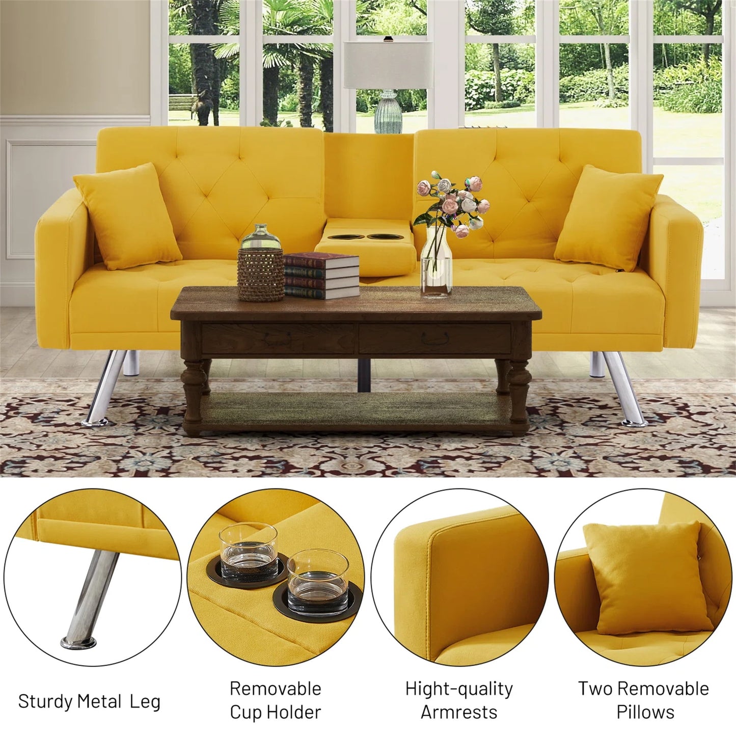 Aukfa 75in Tufted Futon Convertible Sofa Bed, Arm Couch for Home Office, 2 Pillow&Cup Holder, Yellow