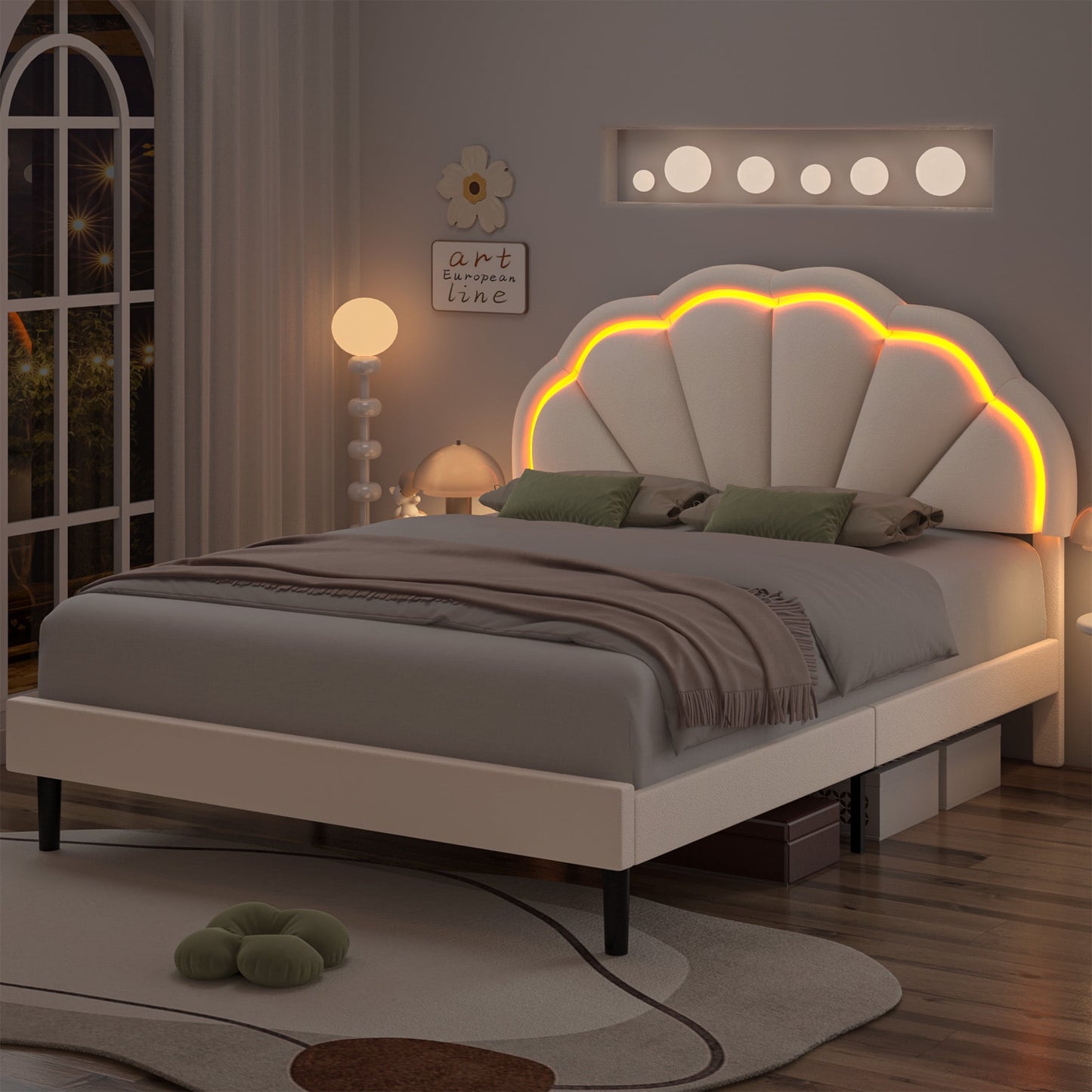 Homfa LED Bed Frame, Queen Size Bed for Kids Girls, Velvet Upholstered Platform Bed with Adjustable Headboard, Off-White
