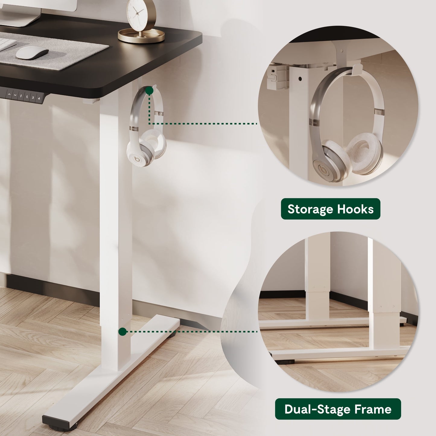ACTIVESIT 40in x24in Home Office Height Adjustable Standing Desk with Hooks, Ergonomic Electric 2-Stage Stand Up Computer Desk, White and Black