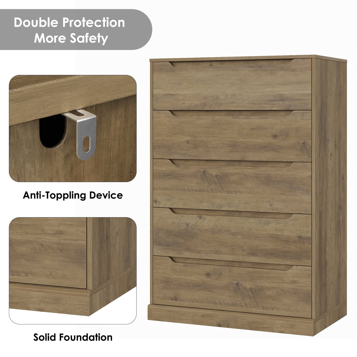 Homfa Vertical 5 Drawer Dresser, Wood Storage Cabinet with Upgraded Stable Base for Bedroom Living Room, Rustic Brown