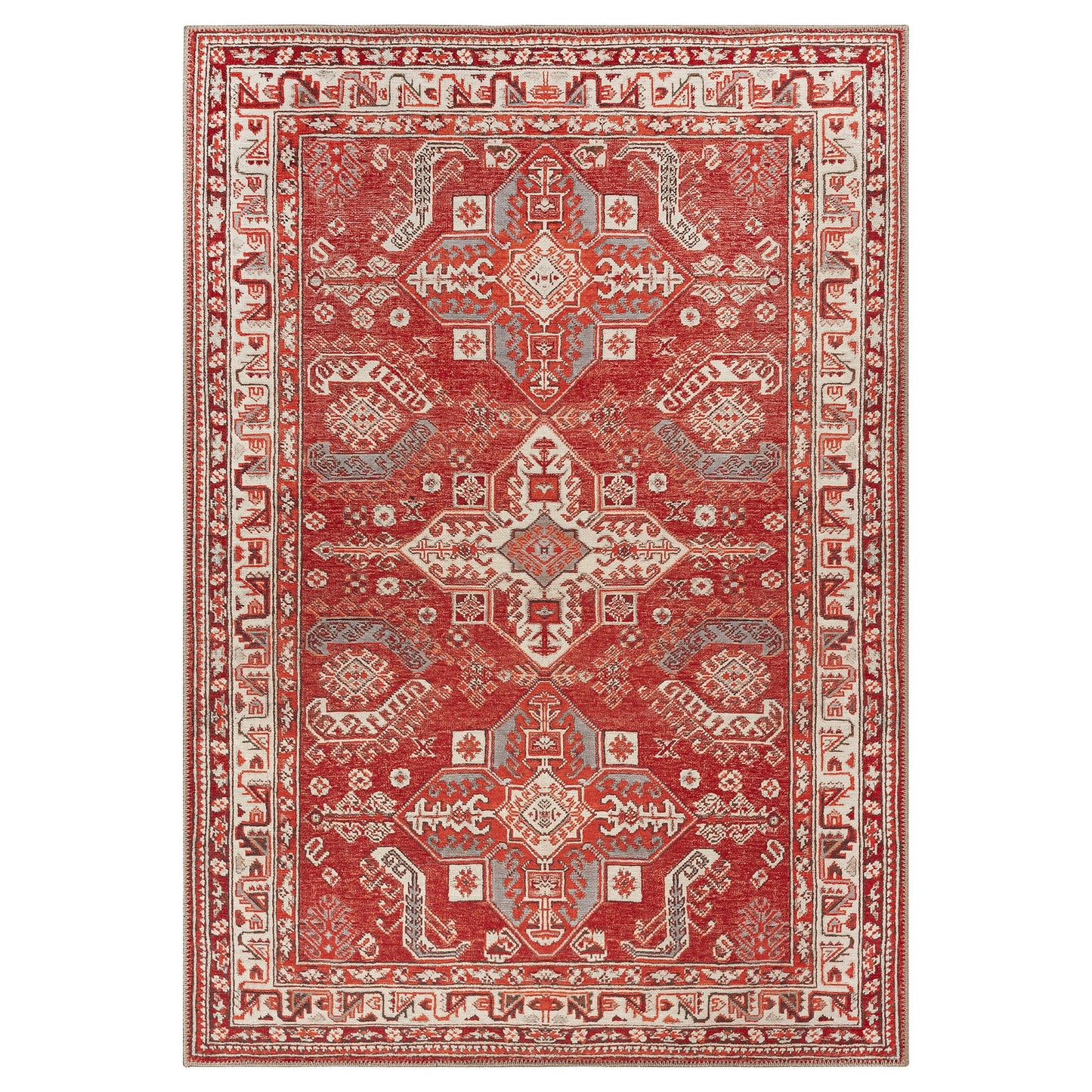 GLN Rugs Knossos - Machine Washable Area Rug - 3'x5' Turkish Vintage Rug - Red/Beige