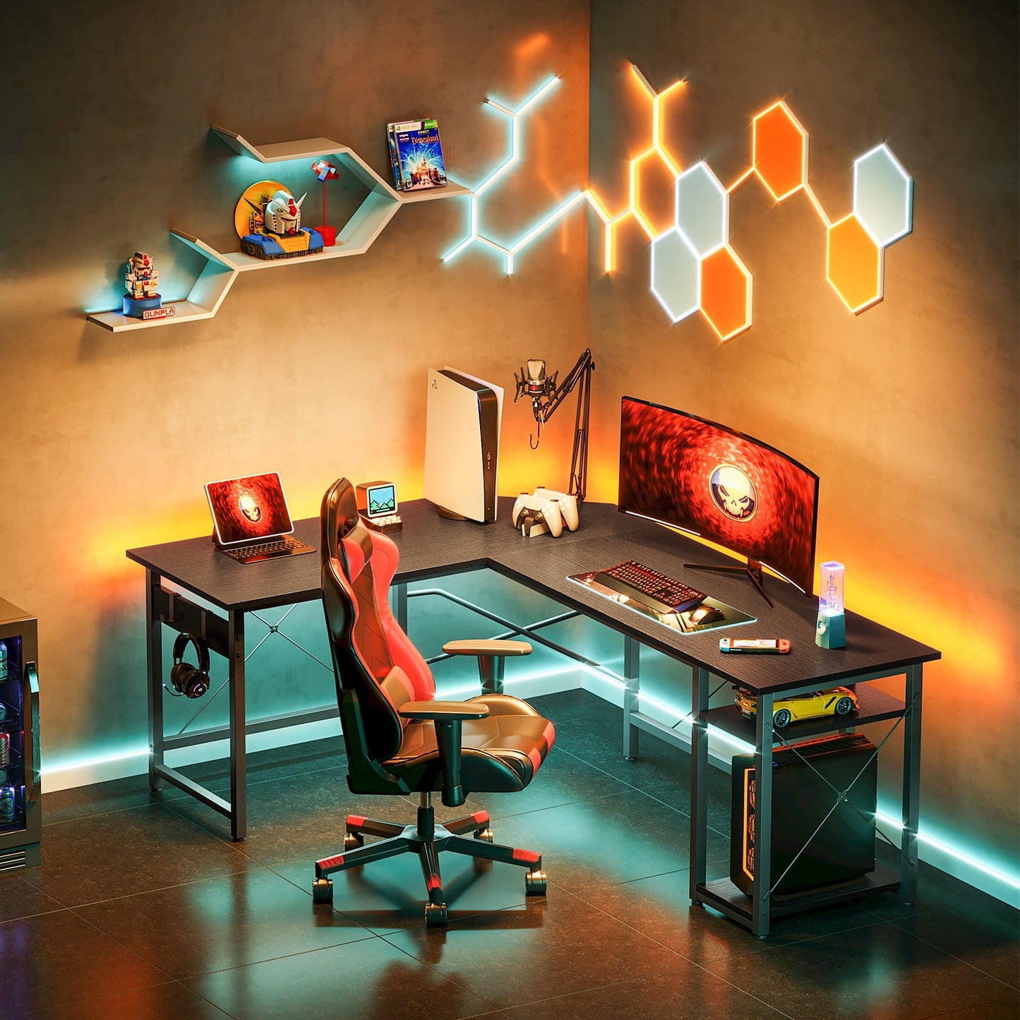 66 inch L Shaped Computer Desk with Storage Shelves, Corner Gaming Desk, Sturdy Writing Desk Workstation, Modern Wooden Desk Office Desk, Wood & Metal, Black