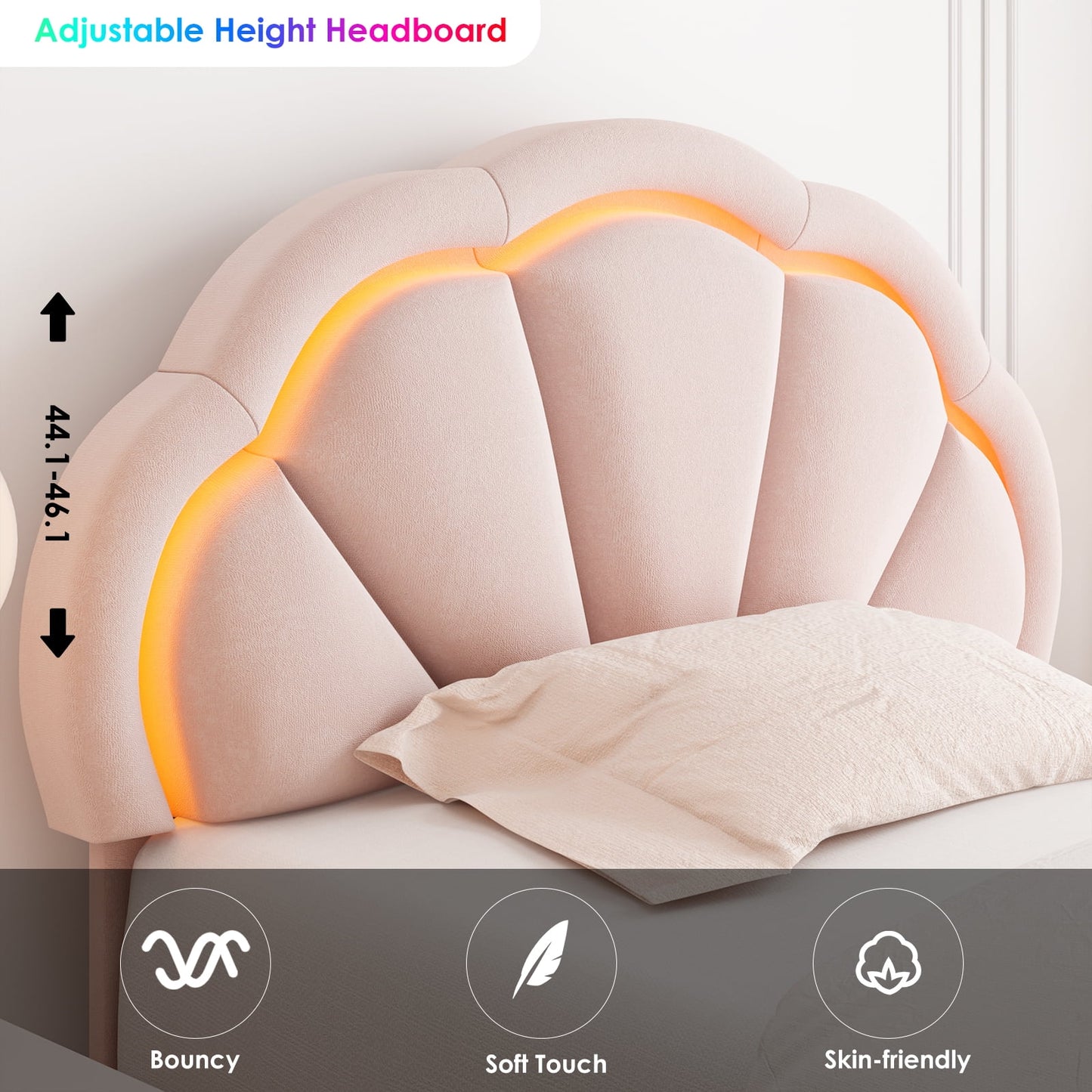 Homfa LED Bed Frame, Twin Size Velvet Upholstered Platform Bed with Adjustable Headboard, Lights Seashell Bed for Kids Girls, Pink