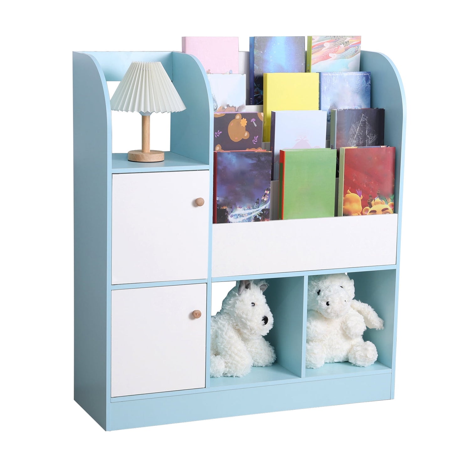 GZKN Kids Bookshelf with 4-Tier Book Slots 3 Open Shelves and 2 Drawers Display Stand