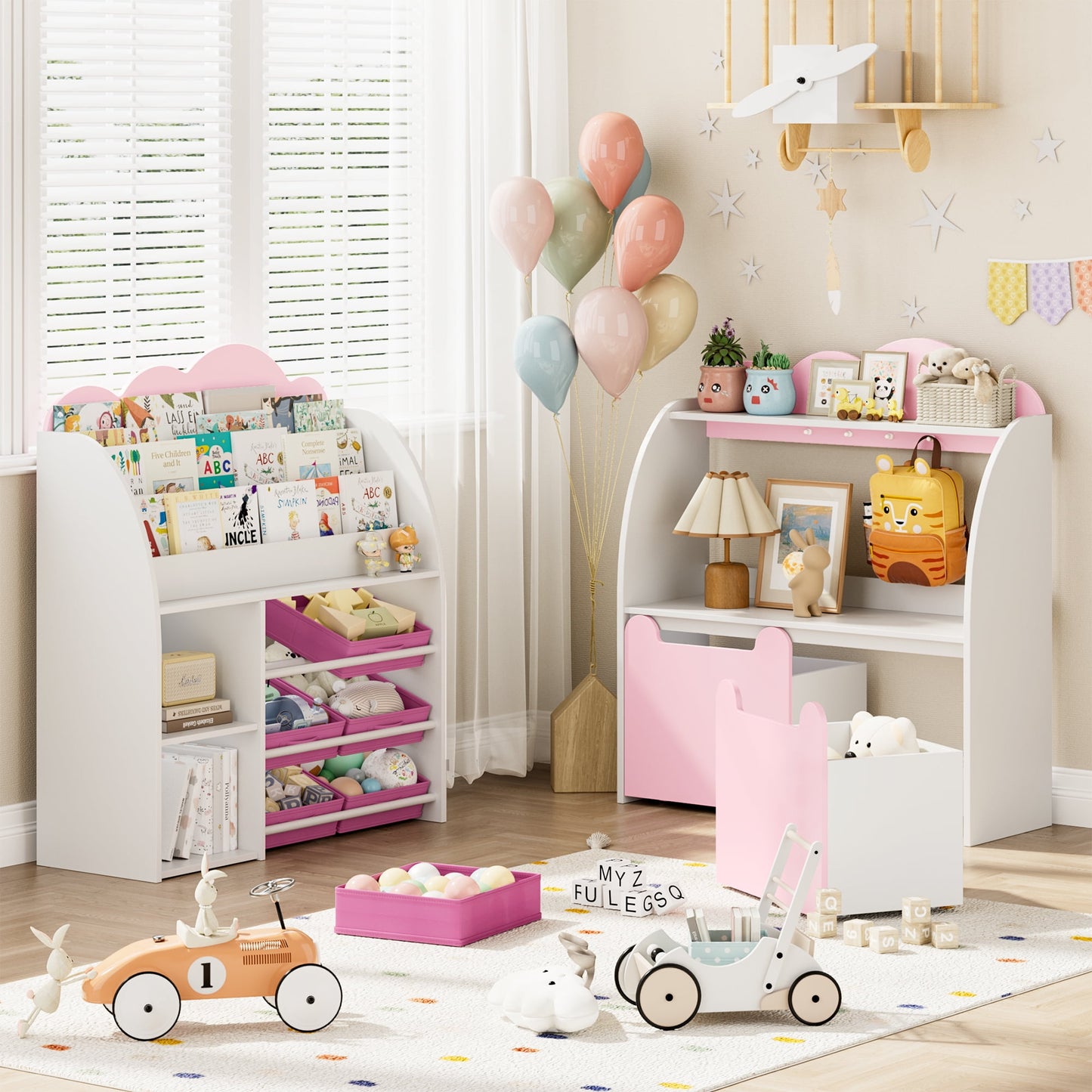 Hiphuta Kid's Toy Storage Organizer, Toddler Bookshelf with 6 Bins & 2 Removable Drawers, Book Rack Storage 3 Tiers, White Pink