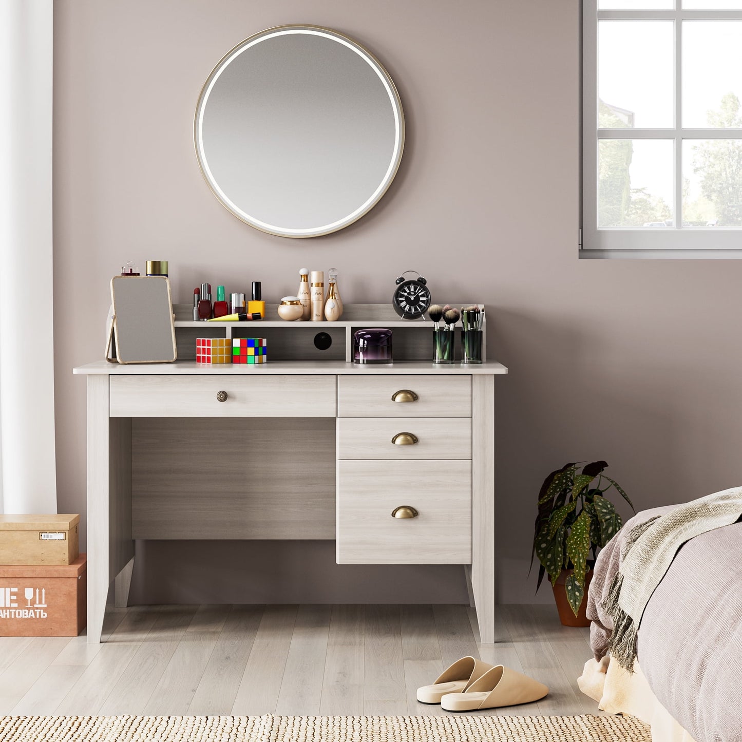 Homfa 47in Home Office Desk, Compact Wood Table, 4 Drawers and Hutch Shelf, Oak White