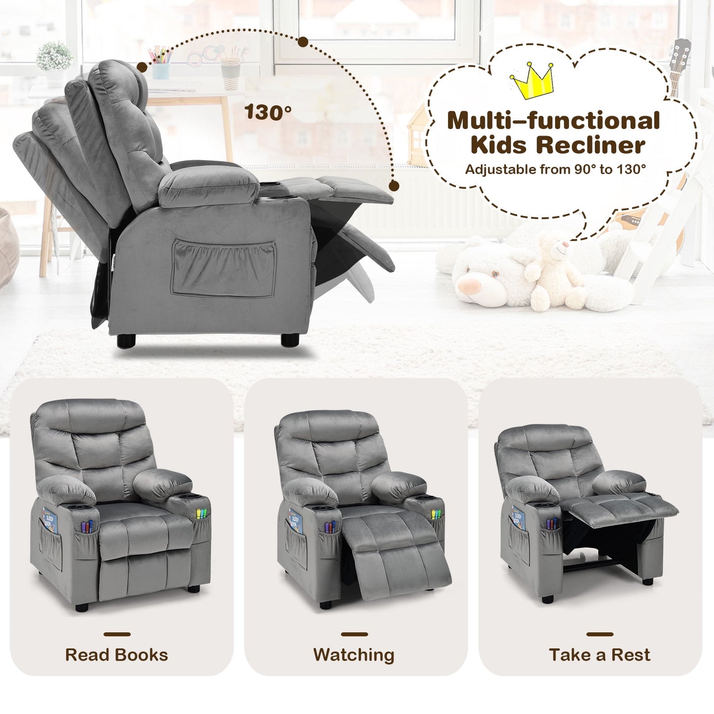 Infans Kids Youth Recliner Chair Velvet Fabric Armrest Sofa w/Cup Holder Grey