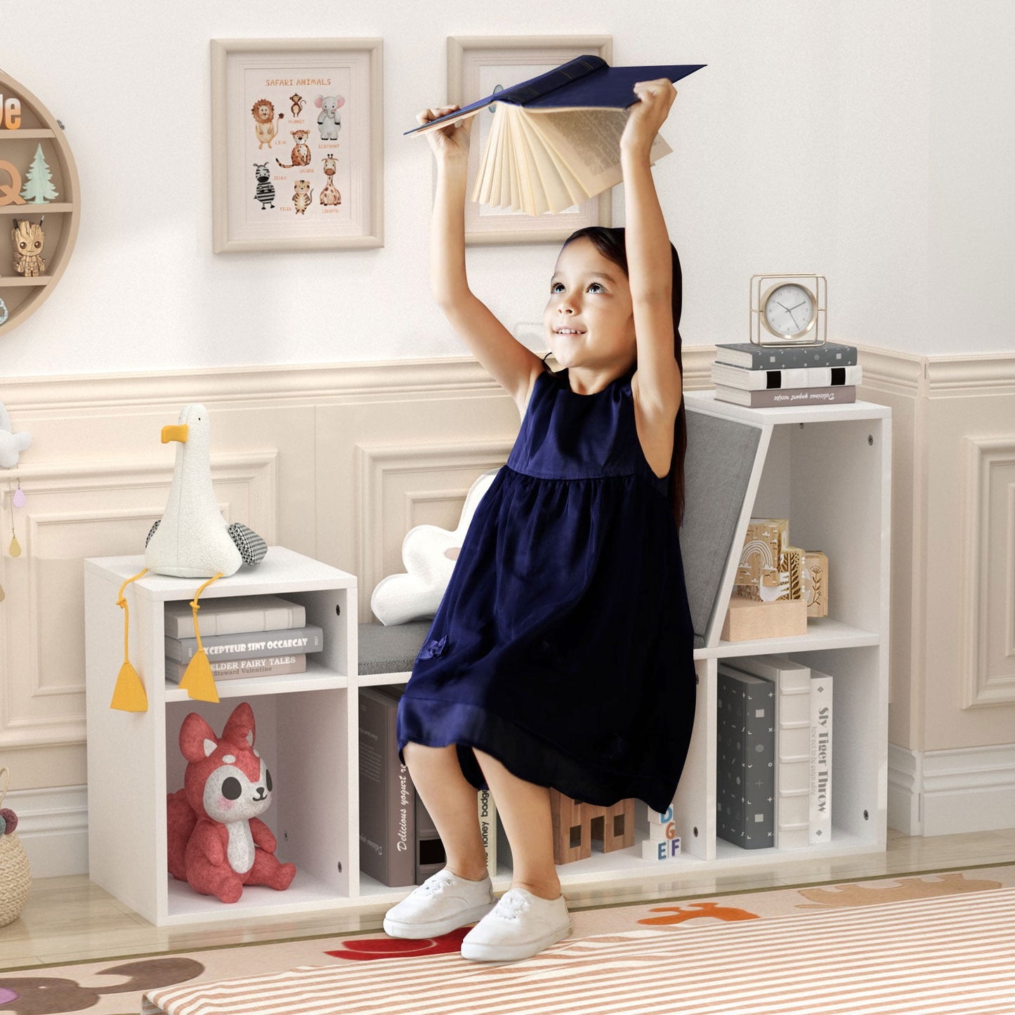 Hironpal 6 Cube Kids Bookshelf with Reading Nook, Toy Storage Organizer with Seat Cushion for Bedroom, White