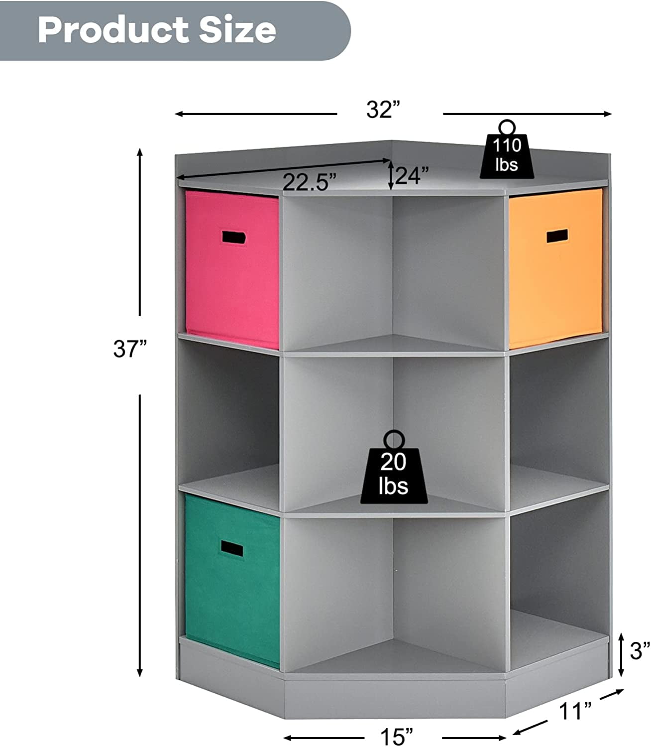 HOMEZY 9-Cubby Kids Bookcase with Extra Large Storage Baskets, Multi-Bin Children's Organizer Shelf with 6 Cubes and 3 Shelves, Wooden Storage Sideboard Suitable for Playroom, Decor Room (Gray)