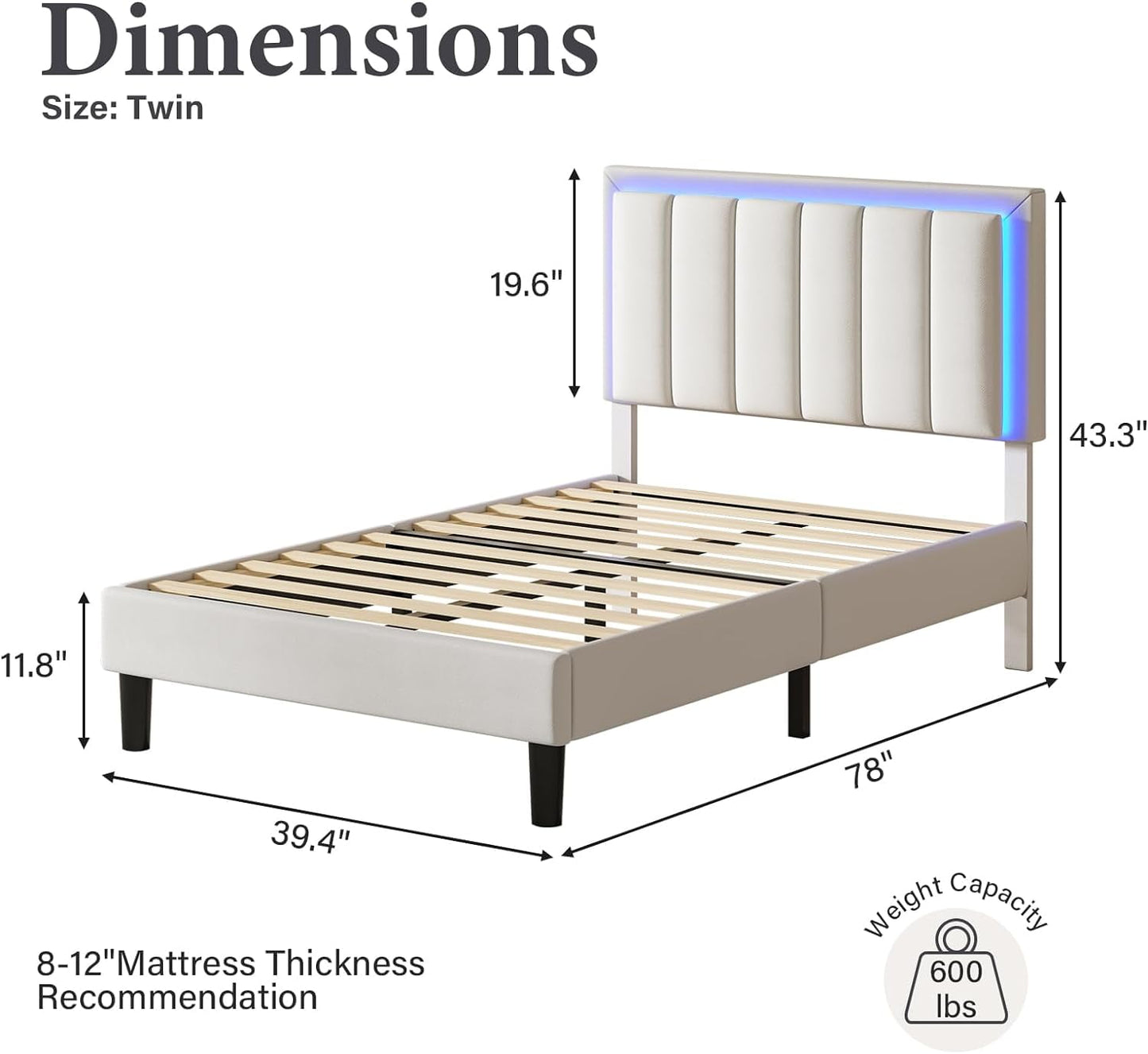 4 EVER WINNER Twin Size LED Bed Frame, White Twin Bed Frame with LED Light Headboard, Modern Bed Frame for Kids, White