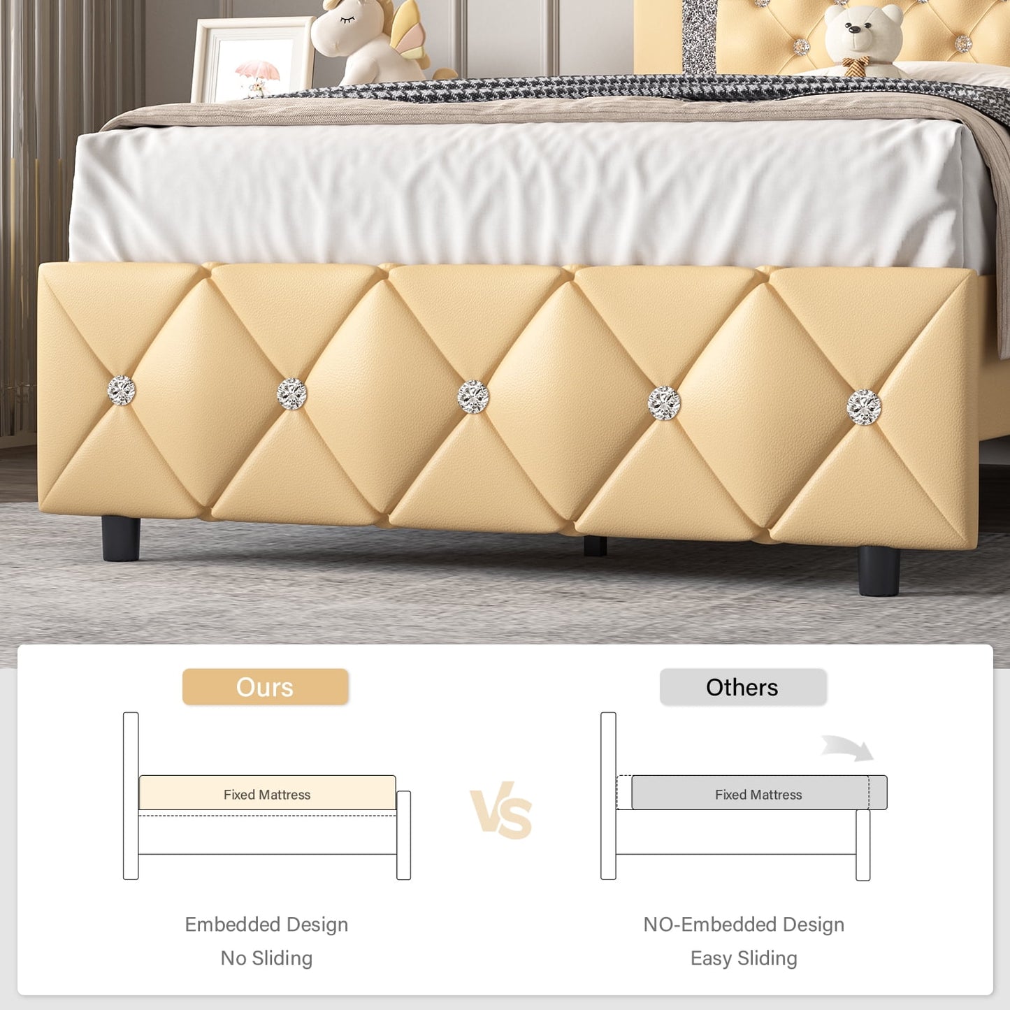 4 EVER WINNER Twin Size Bed Frame with Headboard, Upholstered Platform Bed Frame, Diamond Tufted Headboard & Footboard, Yellow