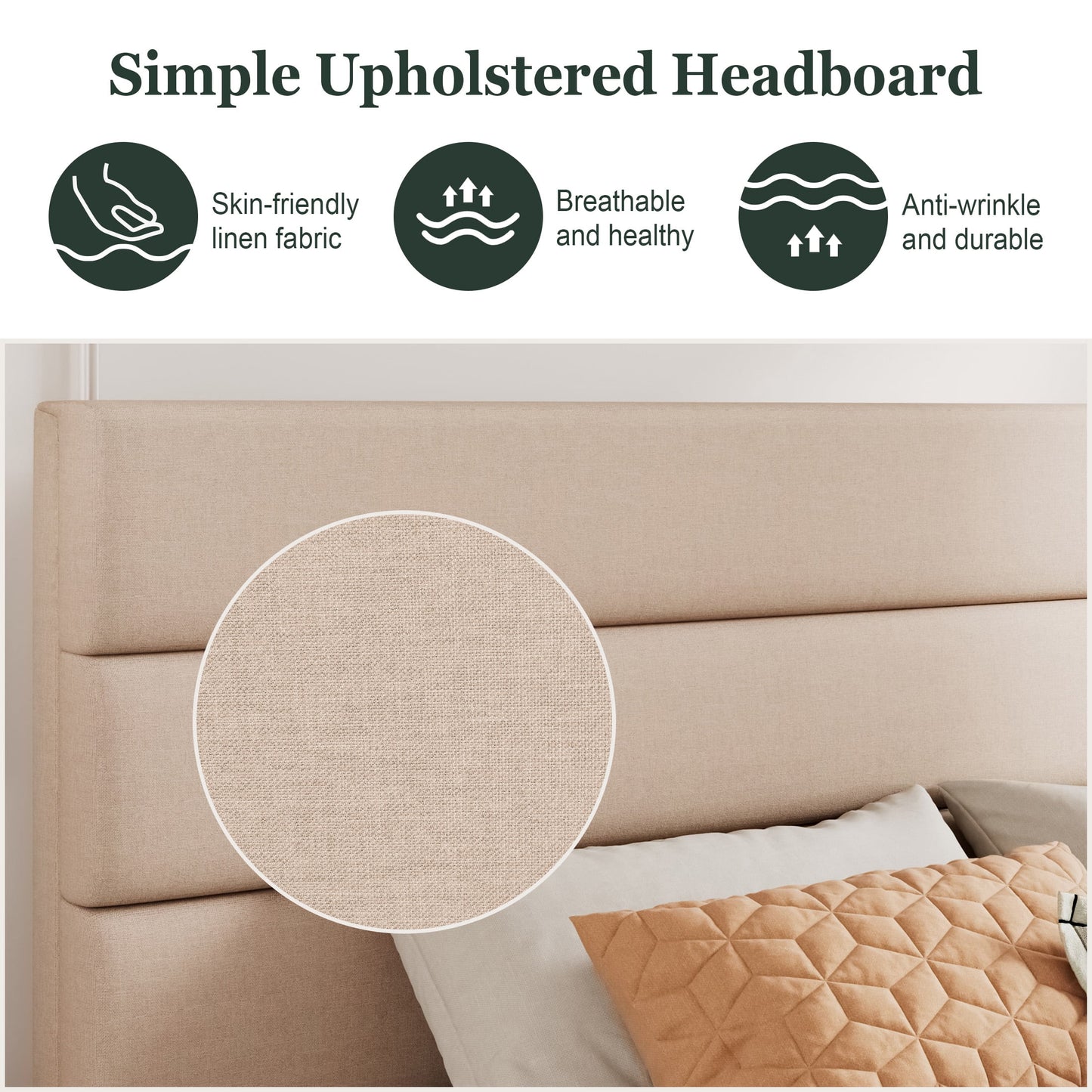 Amolife Platform Queen Size Bed Frame with Fabric Upholstered Headboard, No Box Spring Needed, Strong Wooden Slats, Beige