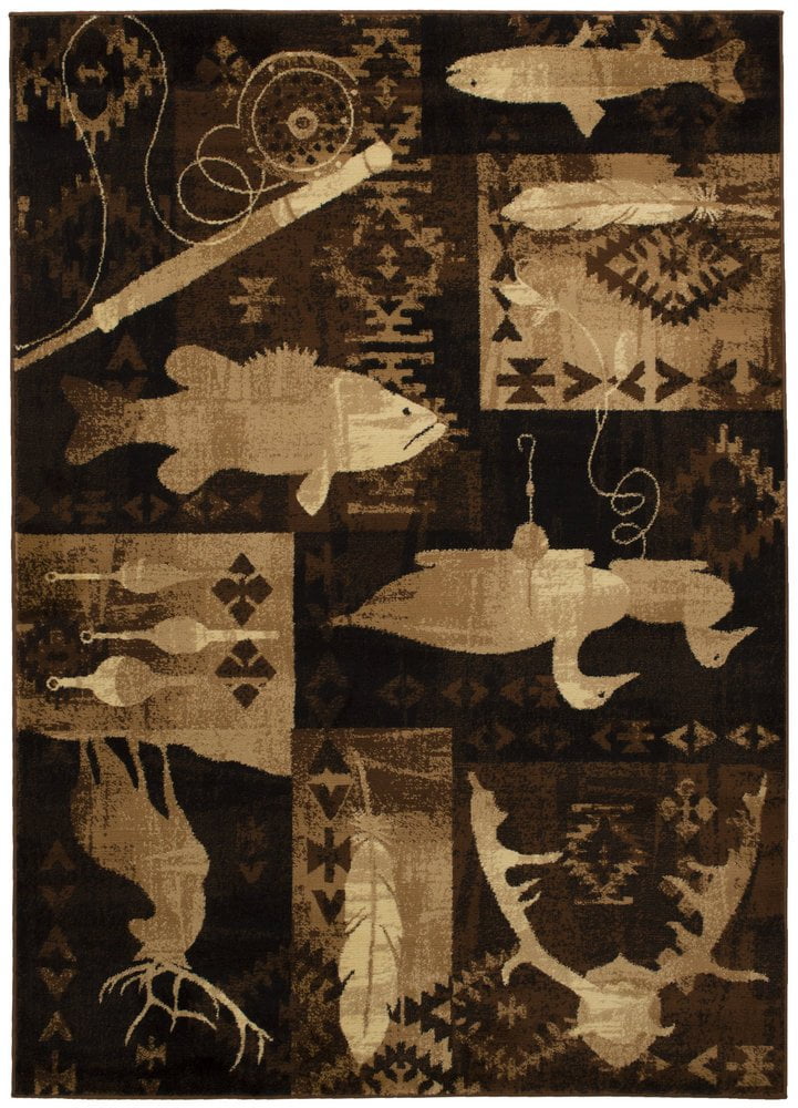 Handcraft Rugs Cabin Rug Lodge, Cabin Nature and Animals Area Rug Modern Nature Pattern Cabin Area Rug Abstract, Chocolate Brown/Beige-Fishing Tools/ Fish/ Deer 4x5 feet