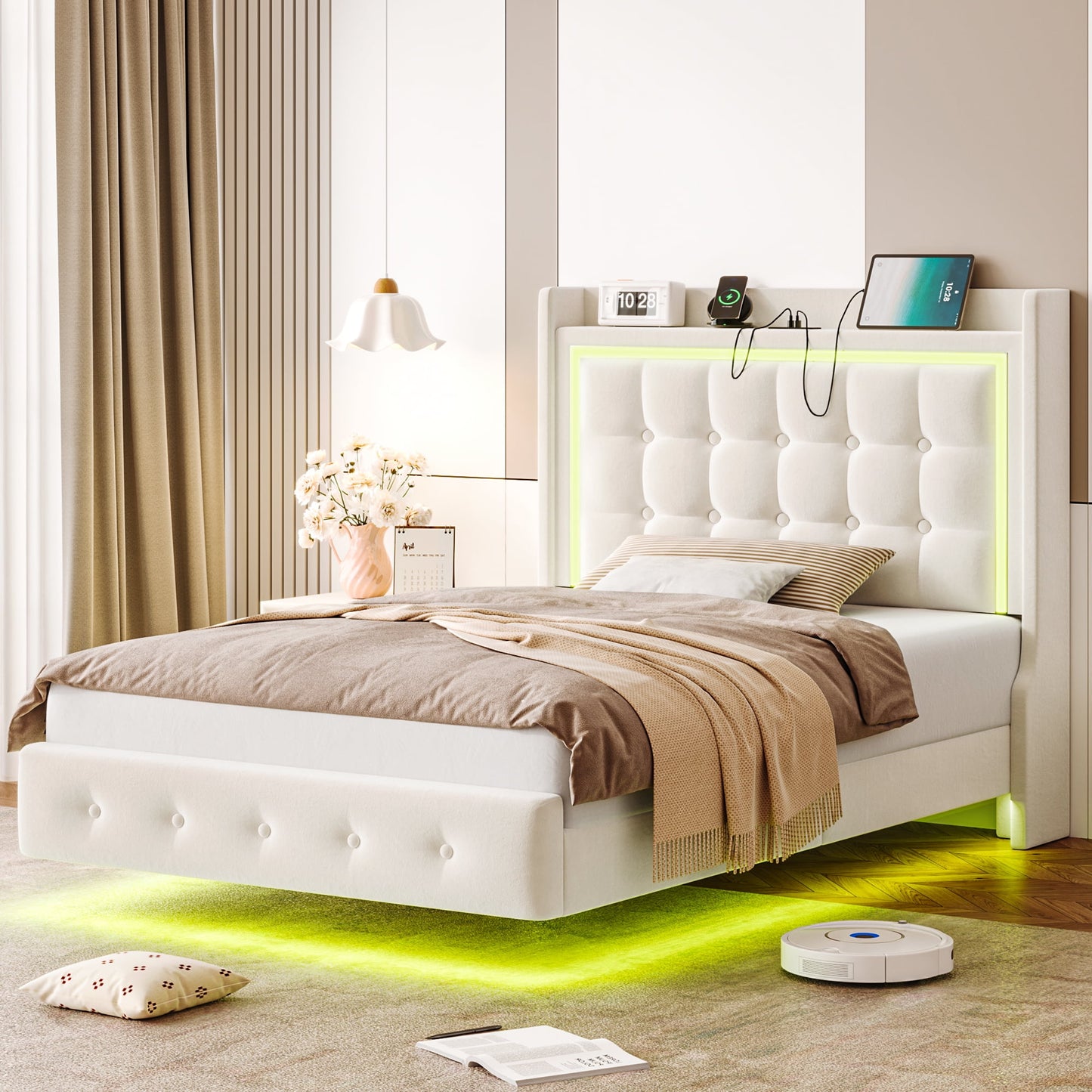 Homfa Velvet Upholstered Twin Size Floating Bed Frame with RGB Lights, USB Charger, & Storage Headboard, Off-White