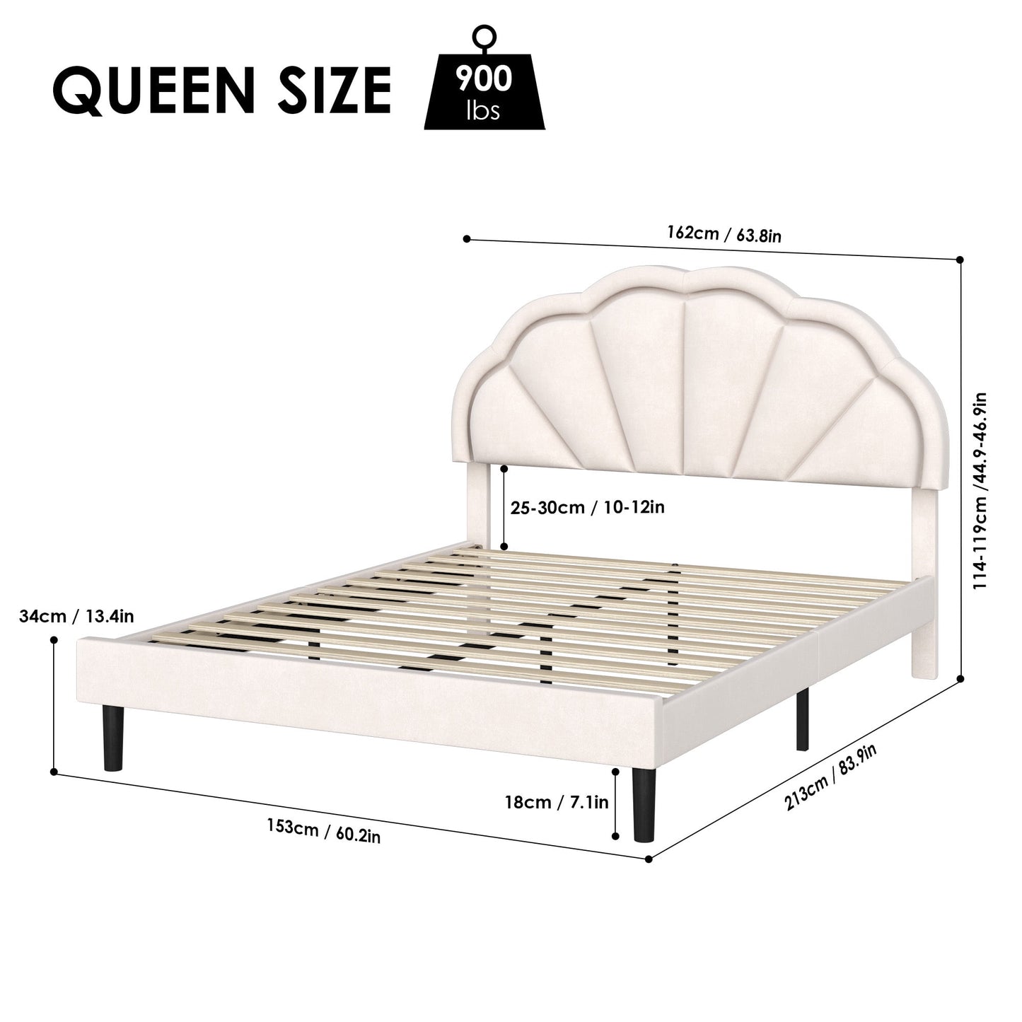 Homfa LED Bed Frame, Queen Size Bed for Kids Girls, Velvet Upholstered Platform Bed with Adjustable Headboard, Off-White