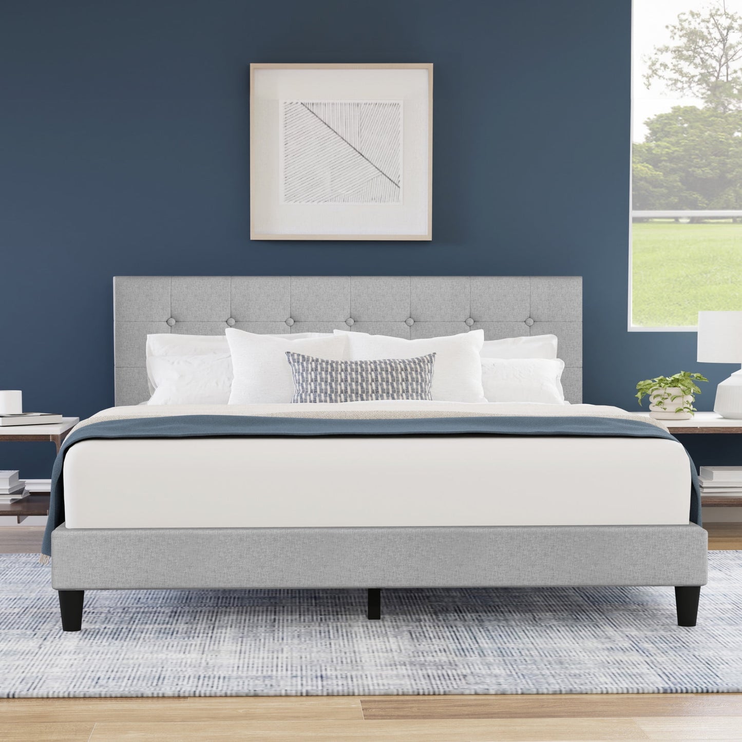 Hendrix Button Tufted Upholstered King Platform Bed, Light Gray, by Hillsdale Living Essentials