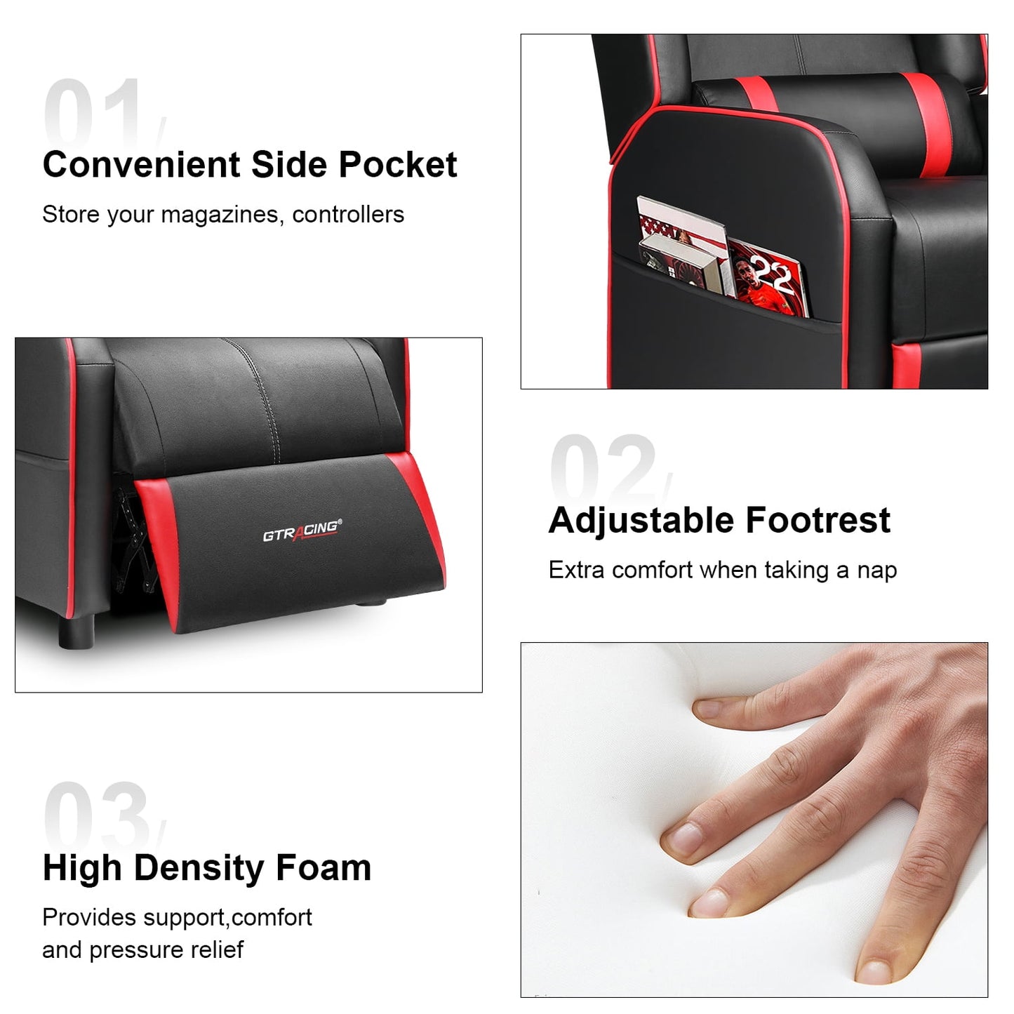 GTRACING Gaming Recliner Chair Bluetooth Speakers Footrest Racing Style Single Living Room Sofa PU Leather Home Theater Seating Massage Lumbar Support, Red