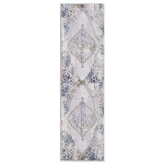 Allstar Rugs 2' 0in x 6' 11in Gainsboro Grey Traditional Persian Themed Polyester Runner with a Blue Bijar Design and Gold Accents. Machine-Made in Turkey.