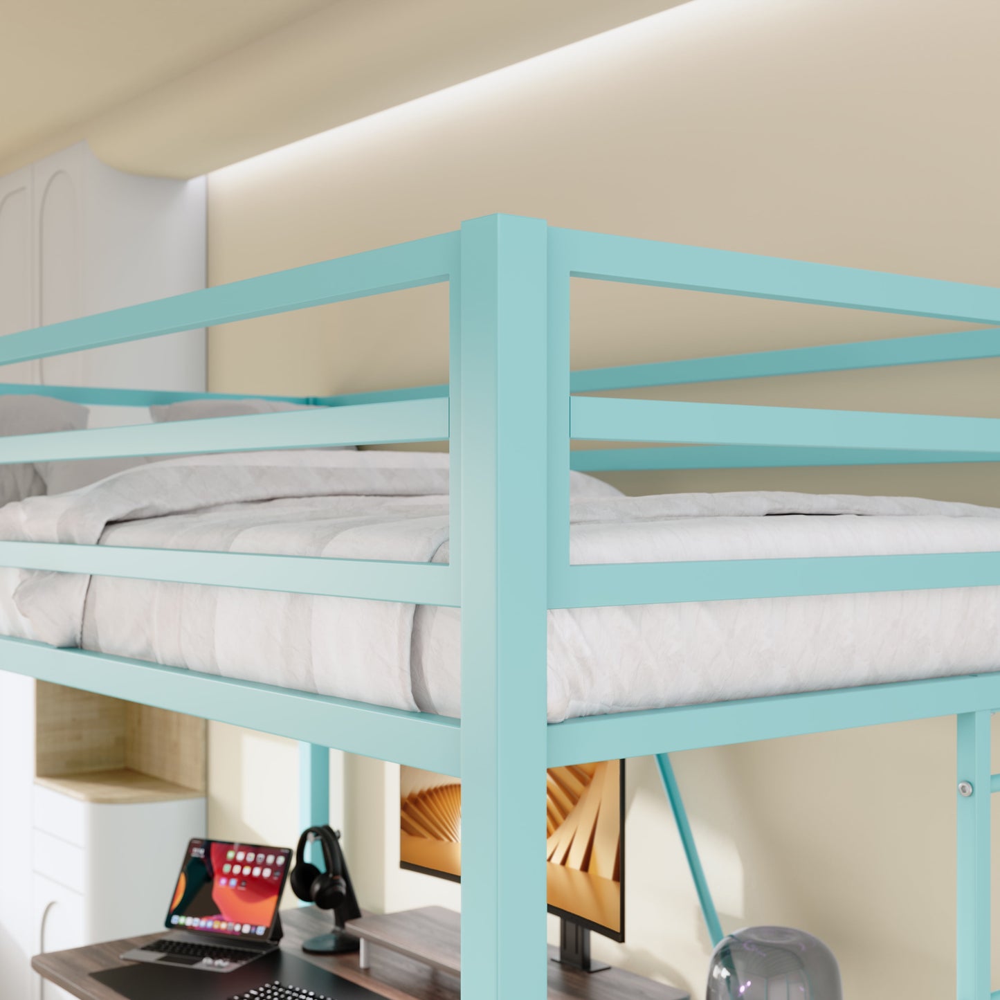 Allewie Loft-Style, Twin Size Bed, Apple Green, Heavy-Duty Metal with Guardrail & Removable Stairs