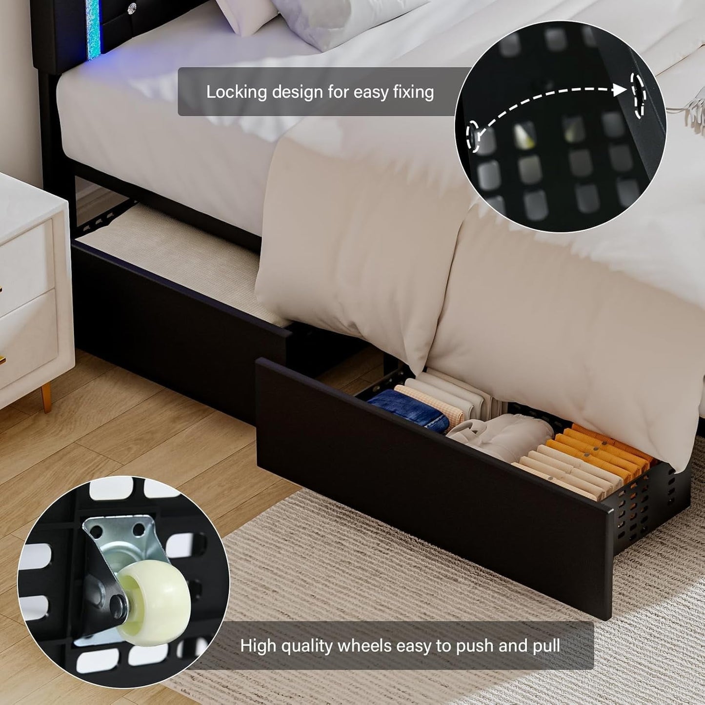 4 EVER WINNER Queen Size LED Bed Frame, Black Queen Bed Frame with LED Light Headboard, 4 Storage Drawers Upholstered Platform Bed Frame, Black