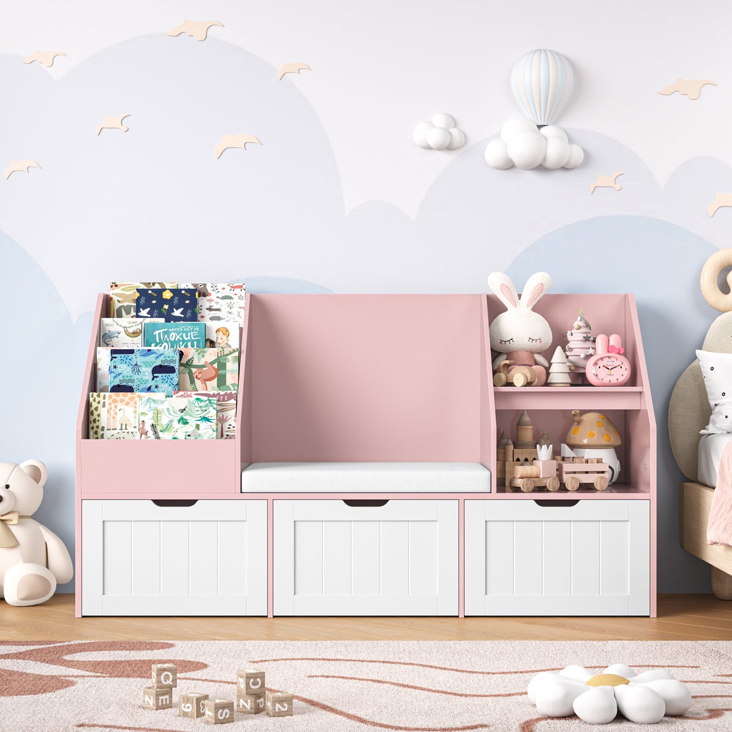Homfa Kids Bookshelf with Reading Nook & 3 Movable Drawers, 2 Cube Bookcase with 4-Tier Book Racks, Toy Storage Organizer for Playroom Bedroom, Pink