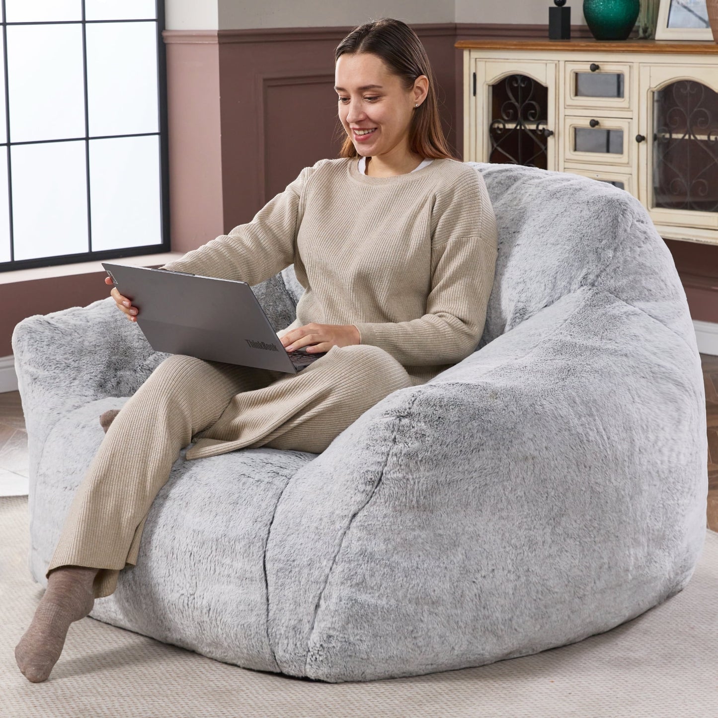 HOMGUAVA Giant Bean Bag Chair for Adults, Large Oversized Bean Bag Couch, Puffy Comfy Bedroom Lazy Sofa with Armrests & Soft Plush Cover, Light Gray