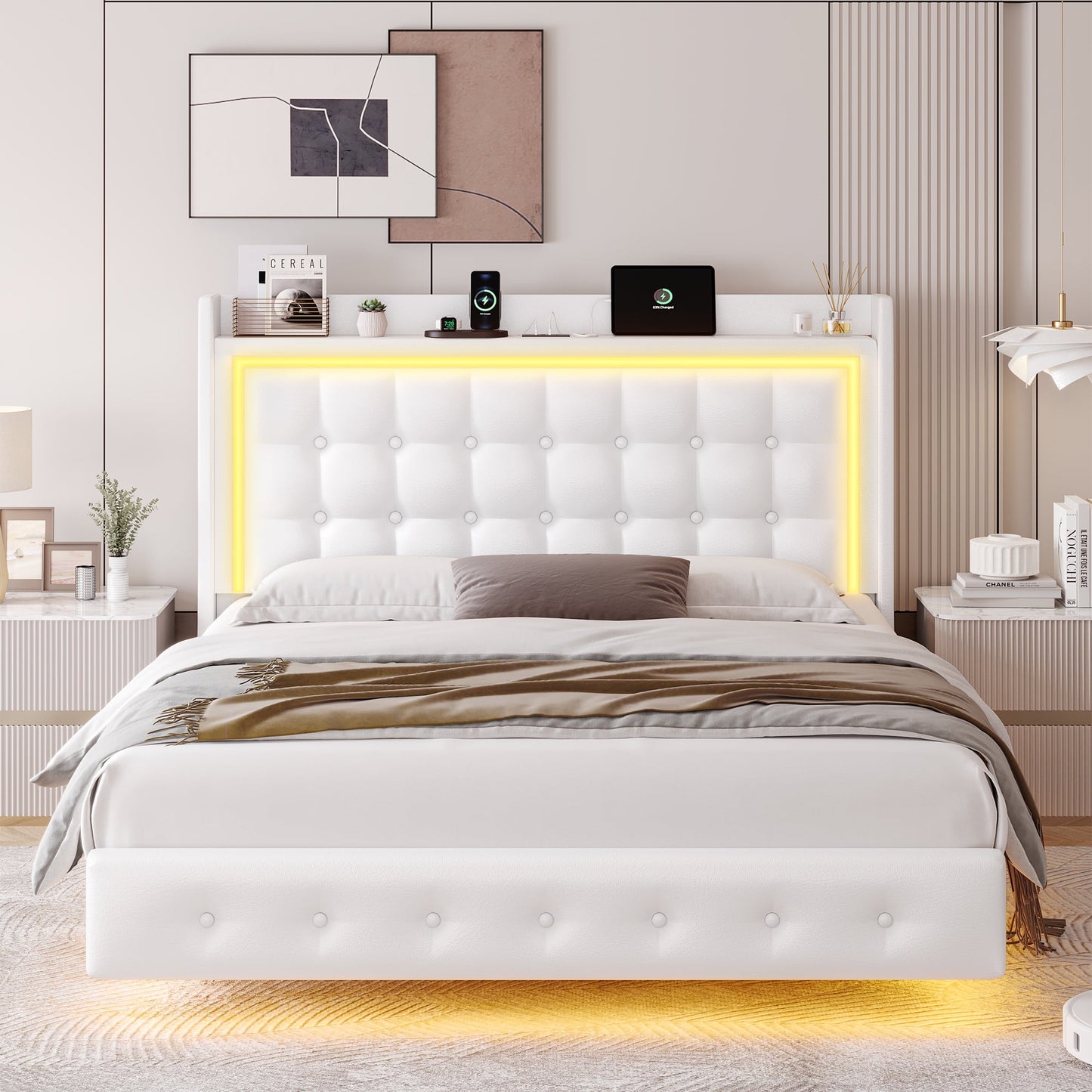 Homfa Full Size Floating Bed with LED Lights & Charging Station, Modern PU Upholstered Platform Bed Frame Bed with Storage Headboard, White