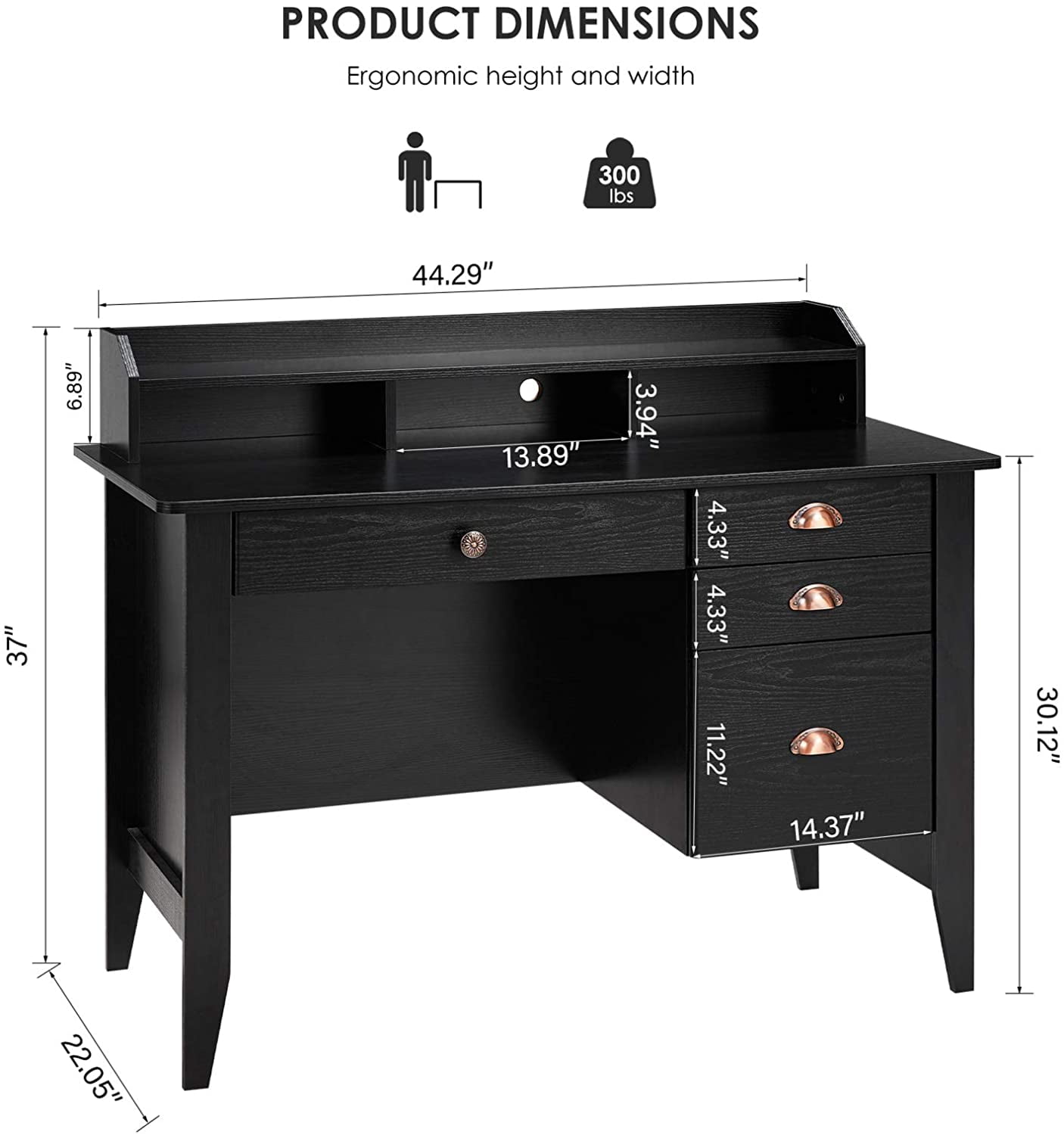Homfa Computer Desk with 4 Drawers and Hutch Shelf, Executive Desk Home Office Desk Writing Sturdy PC Laptop Notebook Desk, Spacious Desktop Vintage Black