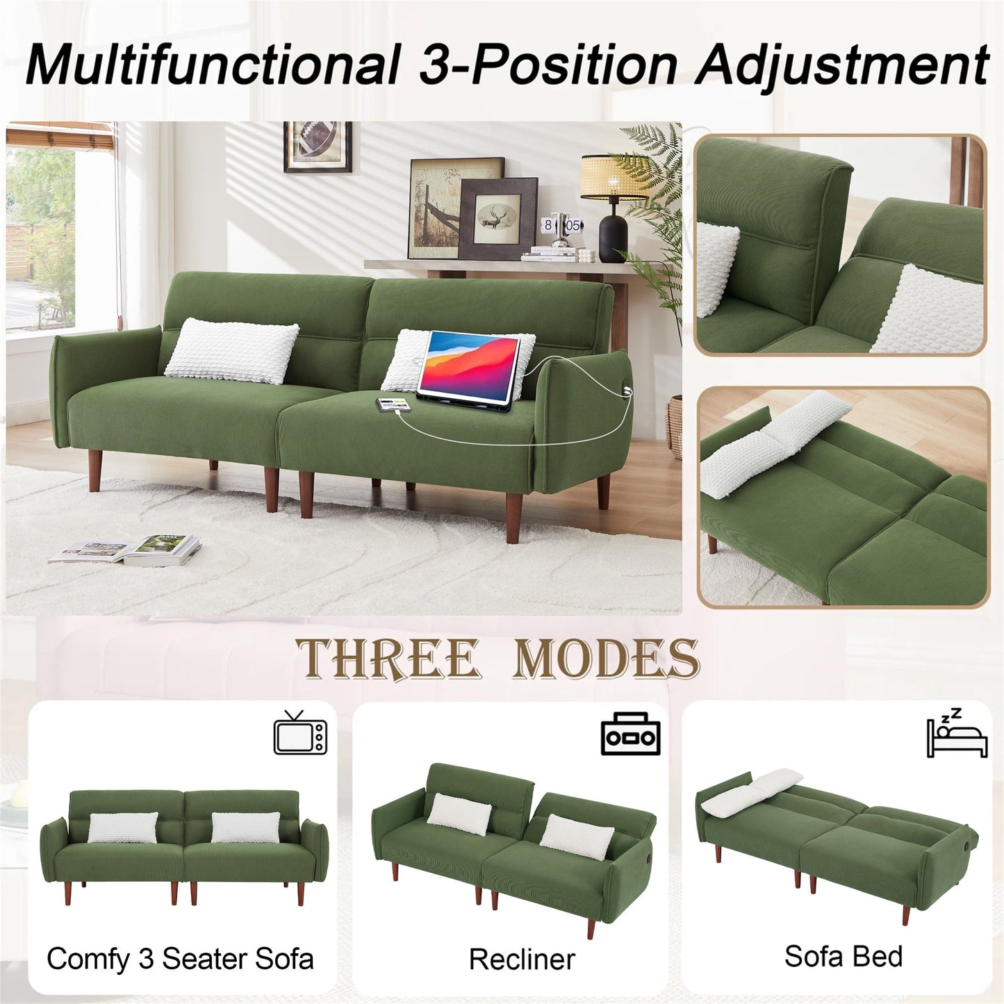 Aukfa 81in Oversized Futon Convertible Sofa Bed with USB Port for Living Room, 2 Pillows, Green