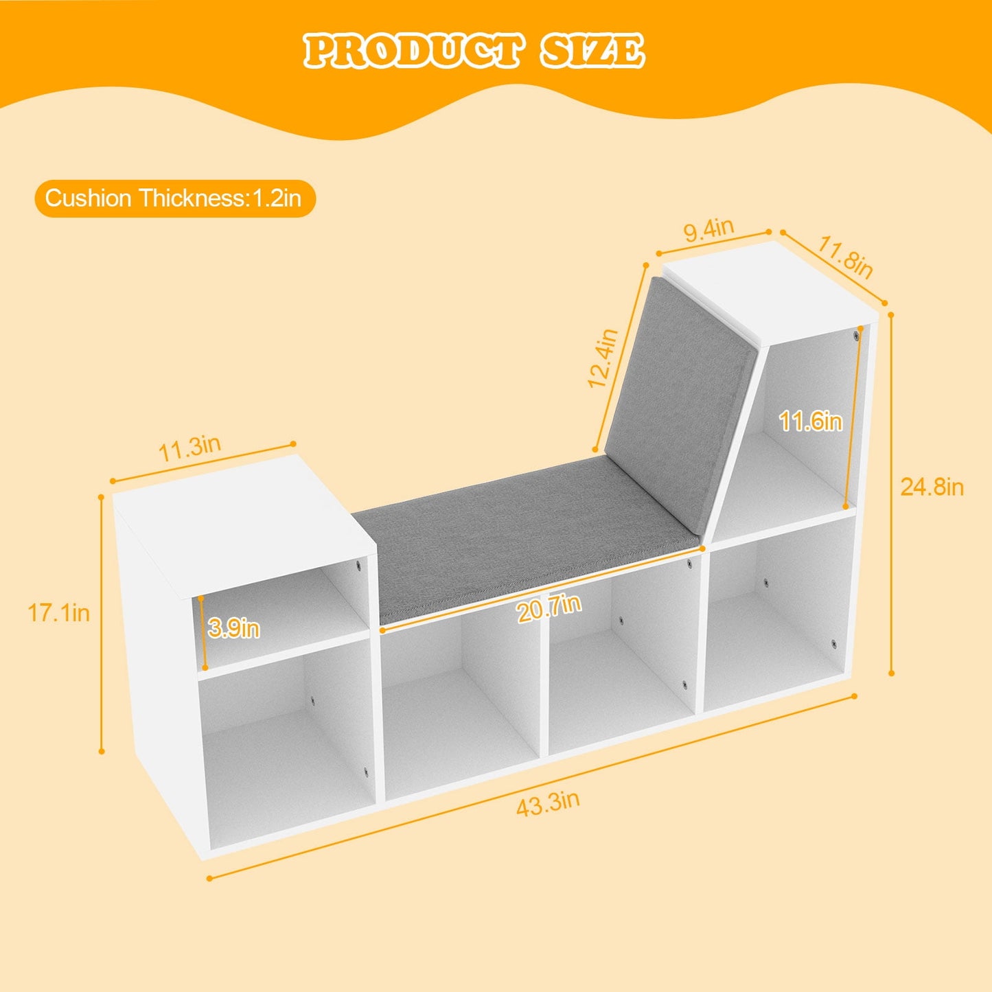 Hironpal 6 Cube Kids Bookshelf with Reading Nook, Toy Storage Organizer with Seat Cushion for Bedroom, White