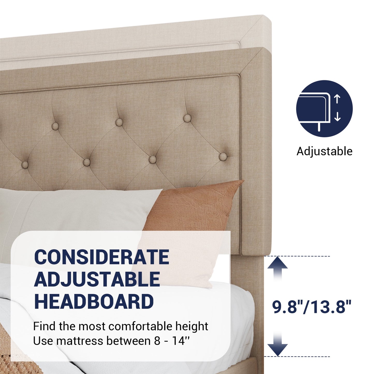 Allewie King Size Bed Frame Upholstered Platform Bed with Adjustable Headboard, Box Spring not Needed, Beige
