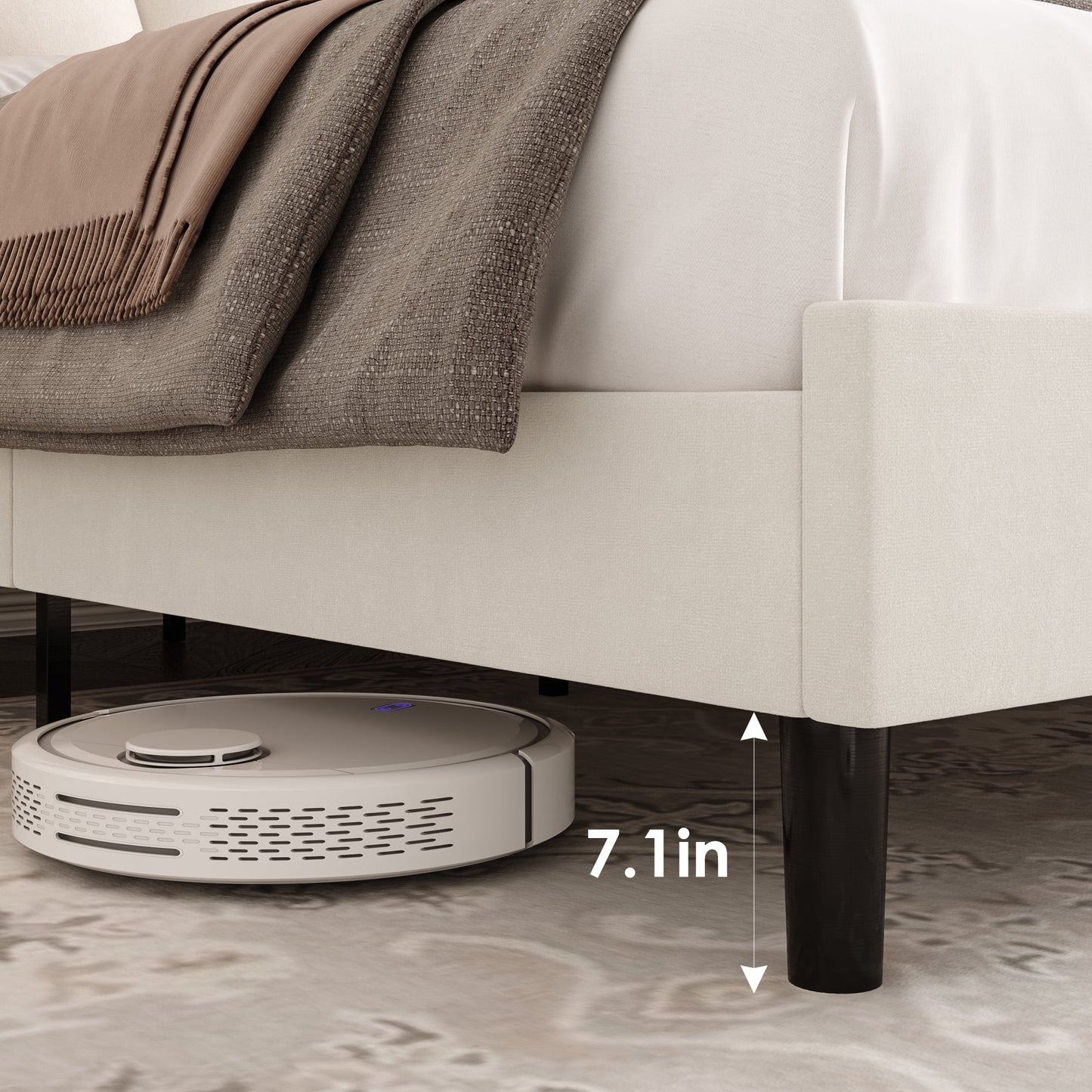 Homfa King LED Bed, Petal Platform Bed Frame with Adjustable Upholstered Headboard, Off-White