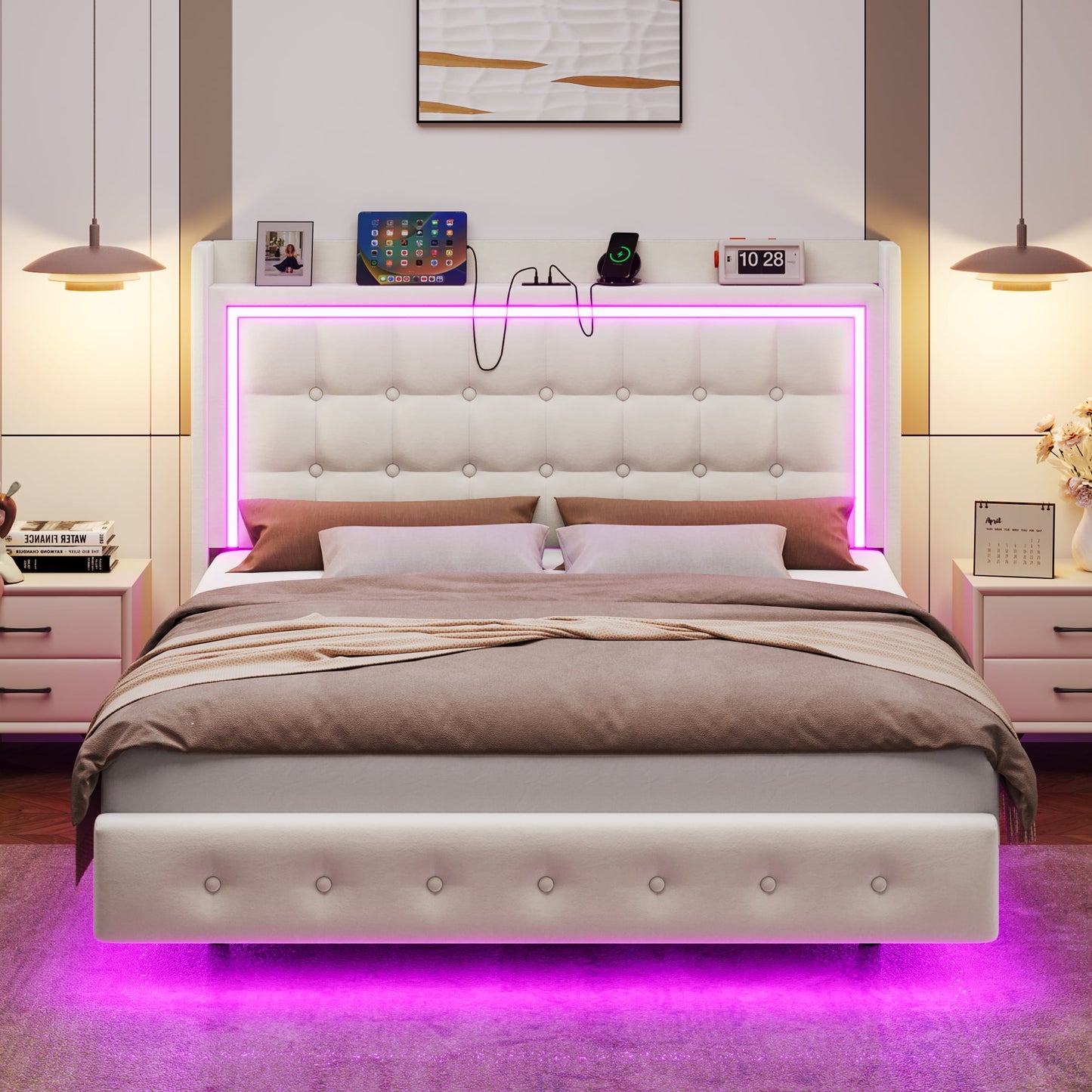 Homfa Full Size Floating Bed with RGB LED Lights & Charging Station, Velvet Upholstered Platform Bed with Storage Headboard, White