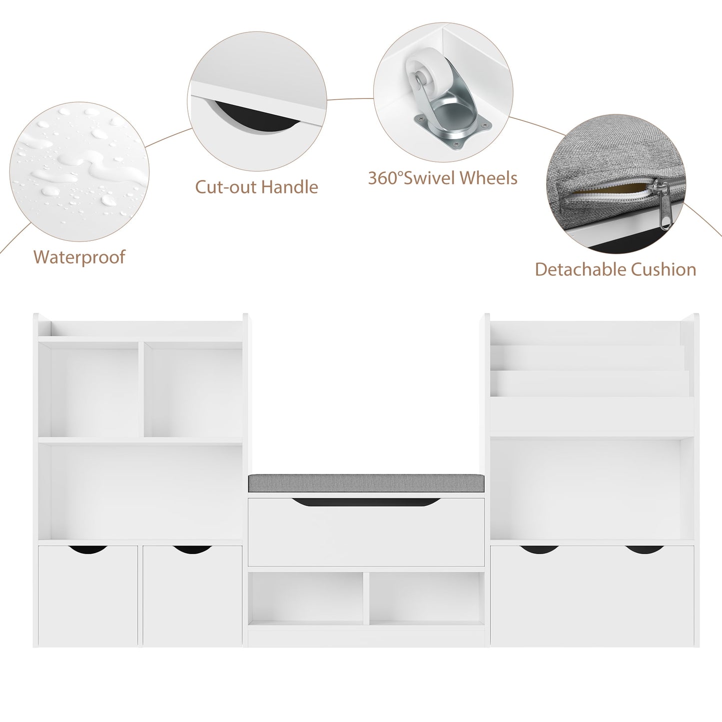 Hiphuta 53in L Kid's Bookshelf with Reading Nook and Under Bench Storage, 8 Shelf Bookcase with 3 Wood Toy Bins & 3 Tier Book Rack for Children Kidsroom