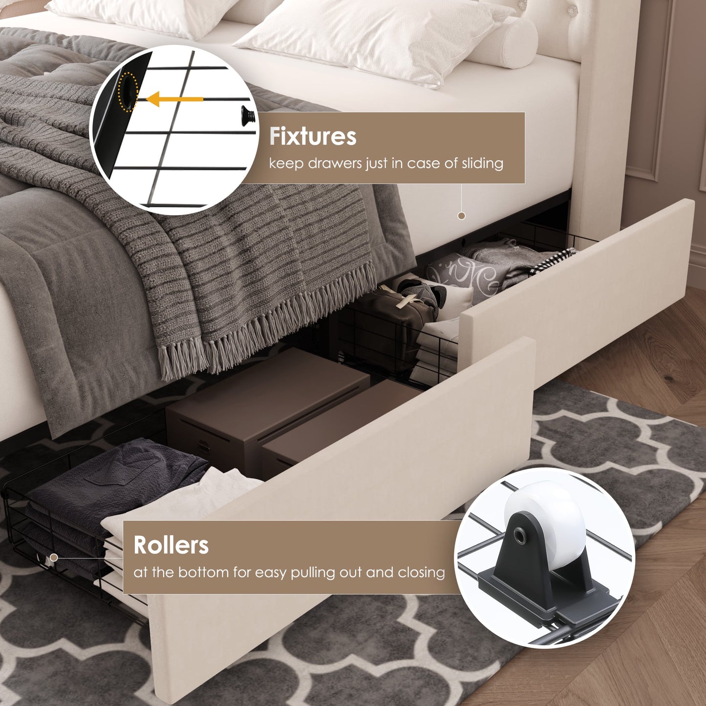 Homfa Full Size LED Bed Frame with Outlets and USB Ports, 4 Storage Drawers Modern Wingback Crystal Button Tufted Velvet Upholstered Platform Bed Frame, Beige