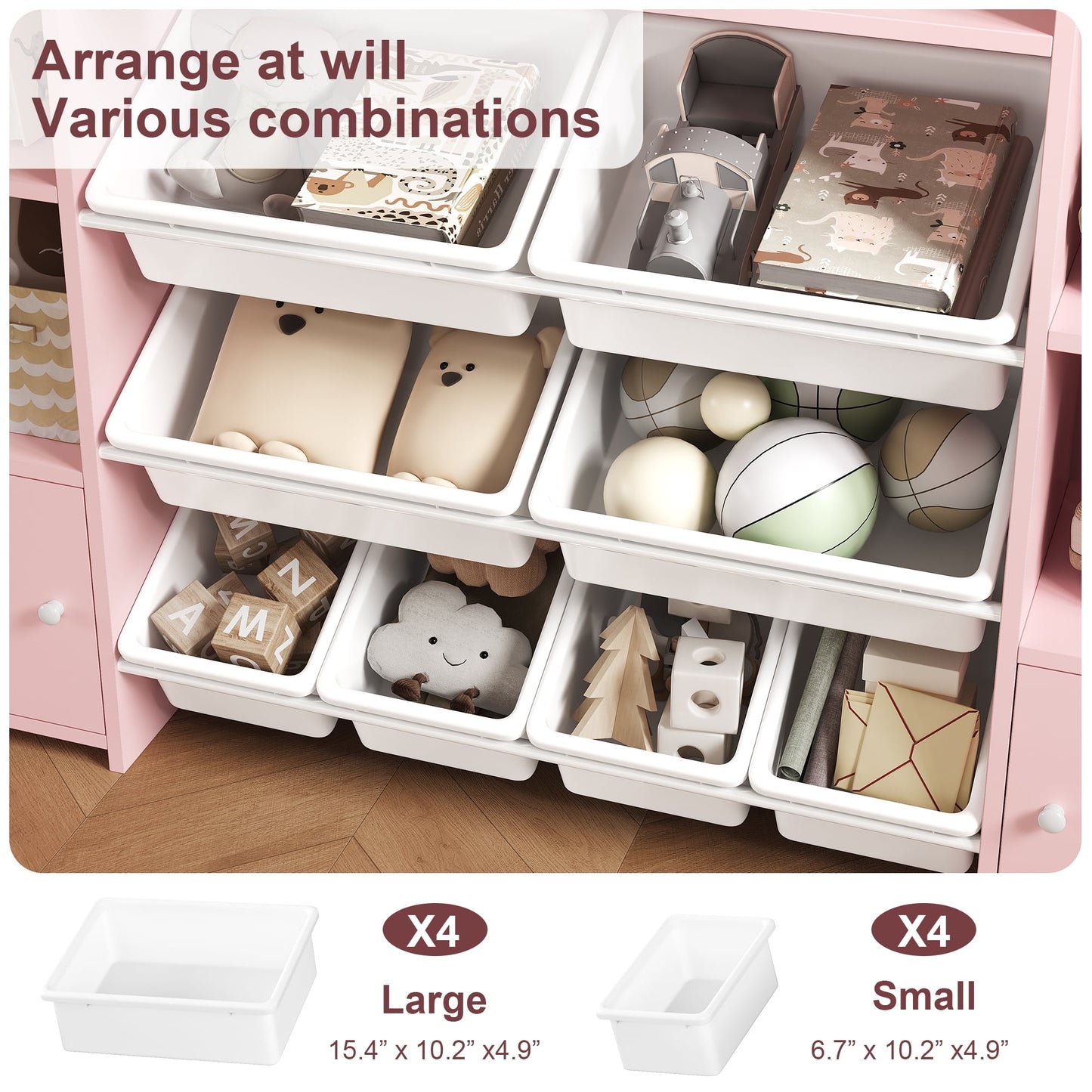 Homfa Kids Toy Organization Cubby Bookcase with 8 Bin, 2 Door Pink Storage Organizer Bookshelf for Children Room Playroom