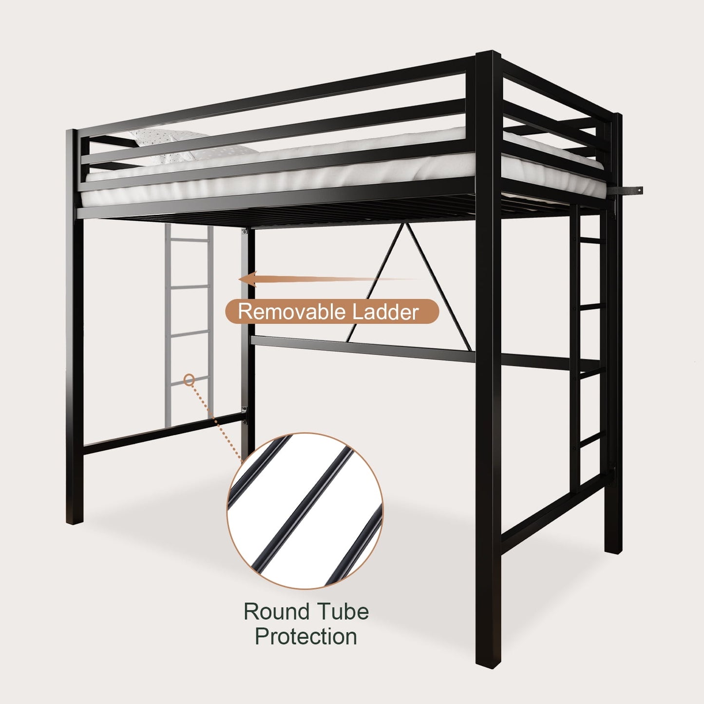 Amolife Metal Twin Loft Bunk Bed Frame, Desk Beds with Stairs & Guardrail, Matte Black