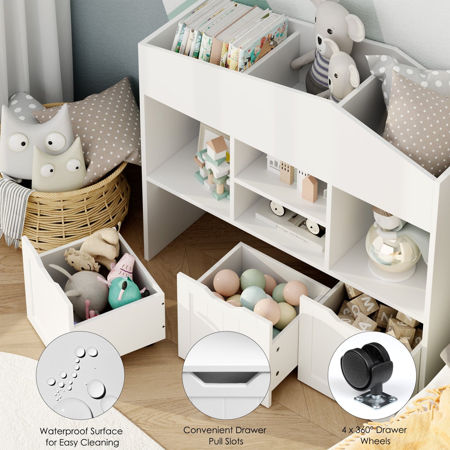 Homfa 3-in-1 Kids Toy Storage Cabinet Bookshelf with 3 Drawers, 39.4in L x 12.8in W x 35.4in H Sturdy Toy Organizer Kids Room, White