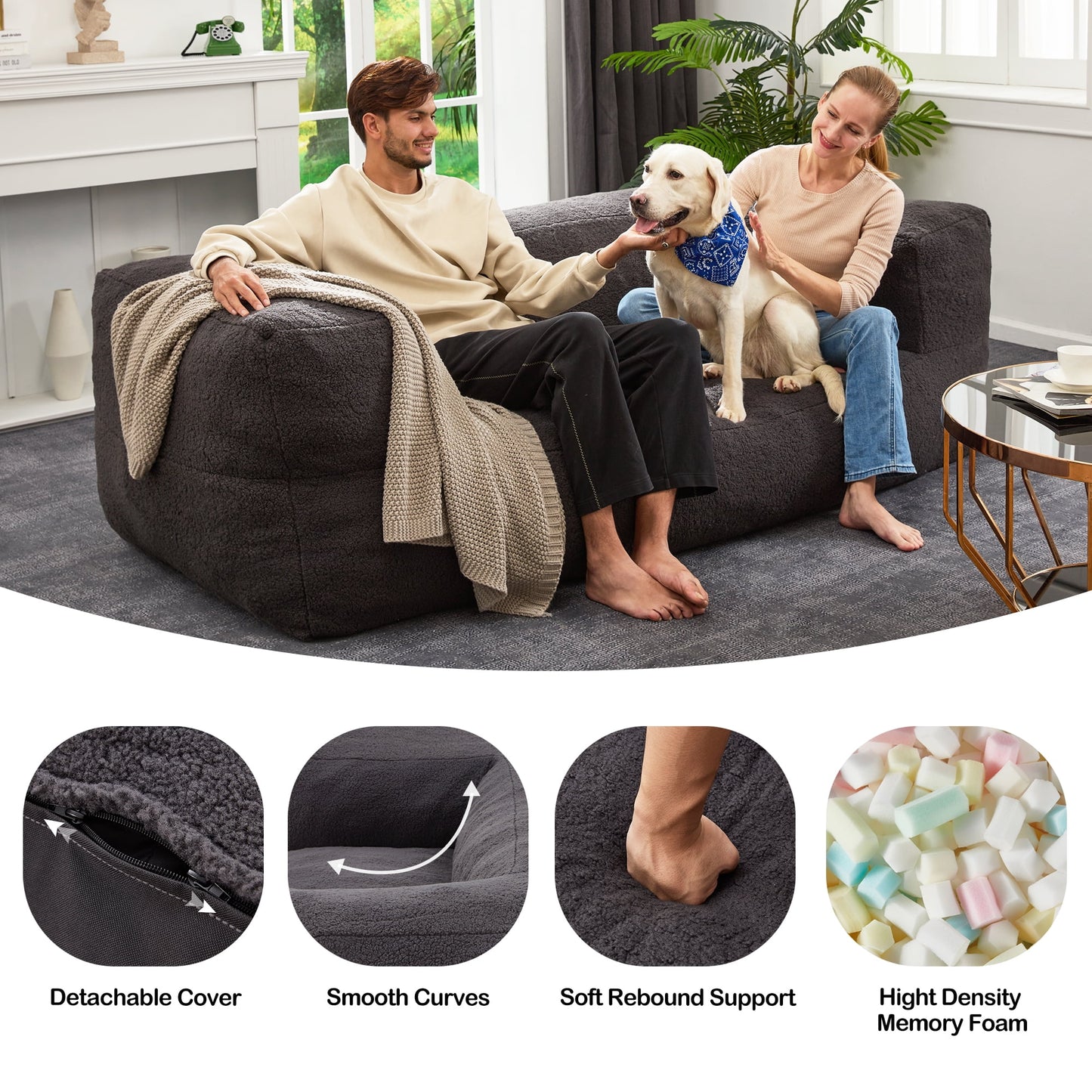 HOMGUAVA Oversized Bean Bag Chair for Adults & Teens, Giant Large Loveseat Bean Bag Chair Couch, Cozy Bedroom Comfy Chair Puffy Lazy Sofa with Soft Plush Sherpa Teddy Cover, Dark Gray