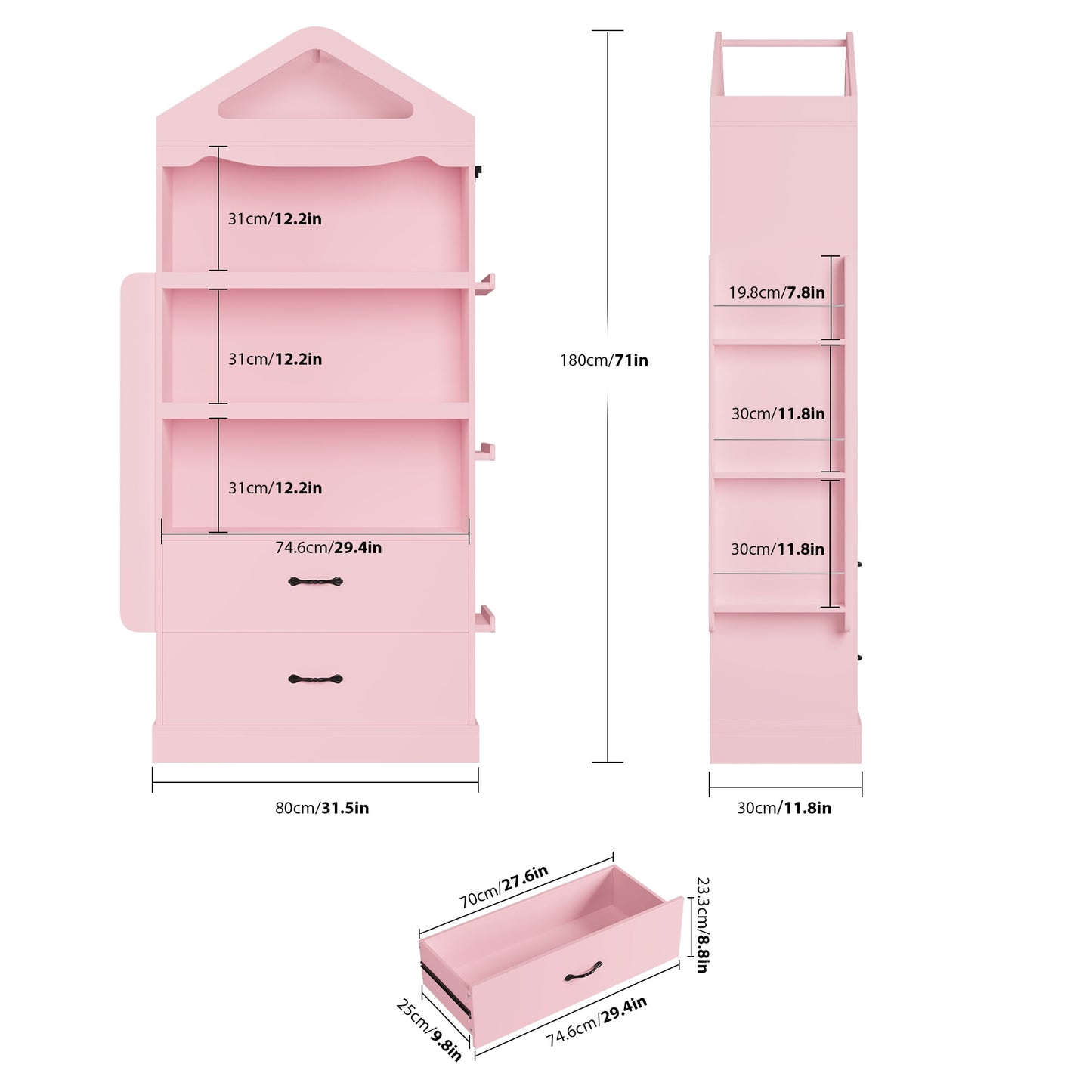 Homfa 71in Tall Kids Bookcase with 2 Drawers & 3-Tier Shelves, Wooden Triangular Top Bookshelf with Side Book Racks for Kids Room, Pink