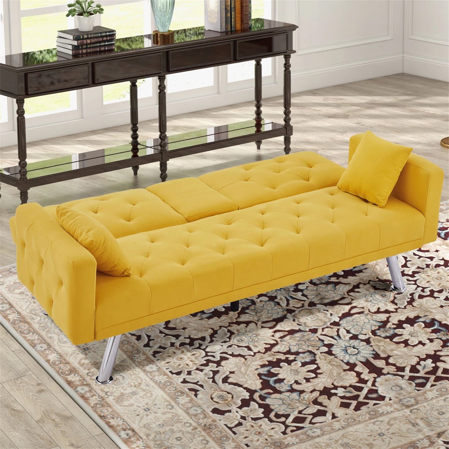 Aukfa 75in Tufted Futon Convertible Sofa Bed, Arm Couch for Home Office, 2 Pillow&Cup Holder, Yellow