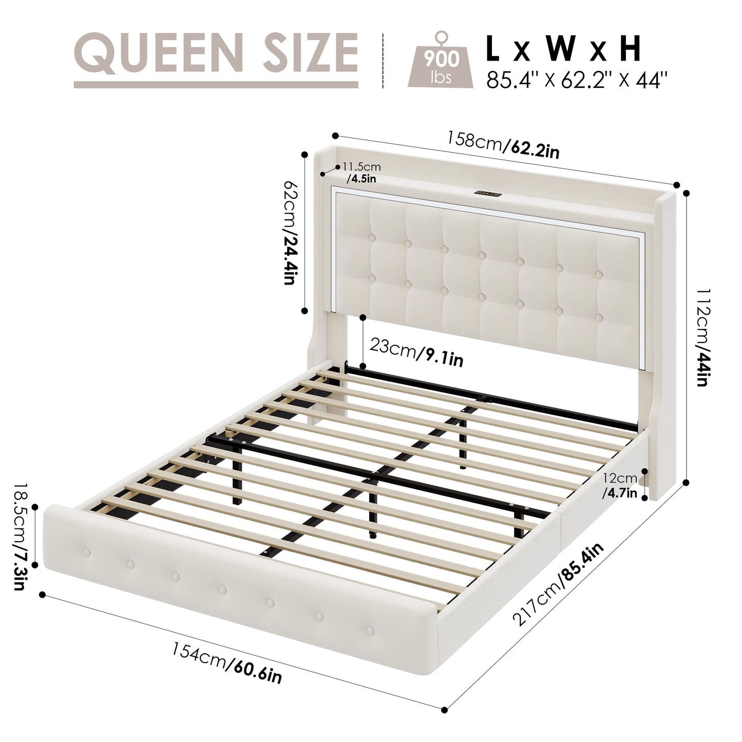 Homfa Queen Size Floating Bed with RGB LED Lights & Charging Station, Velvet Upholstered Platform Bed with Storage Headboard, White
