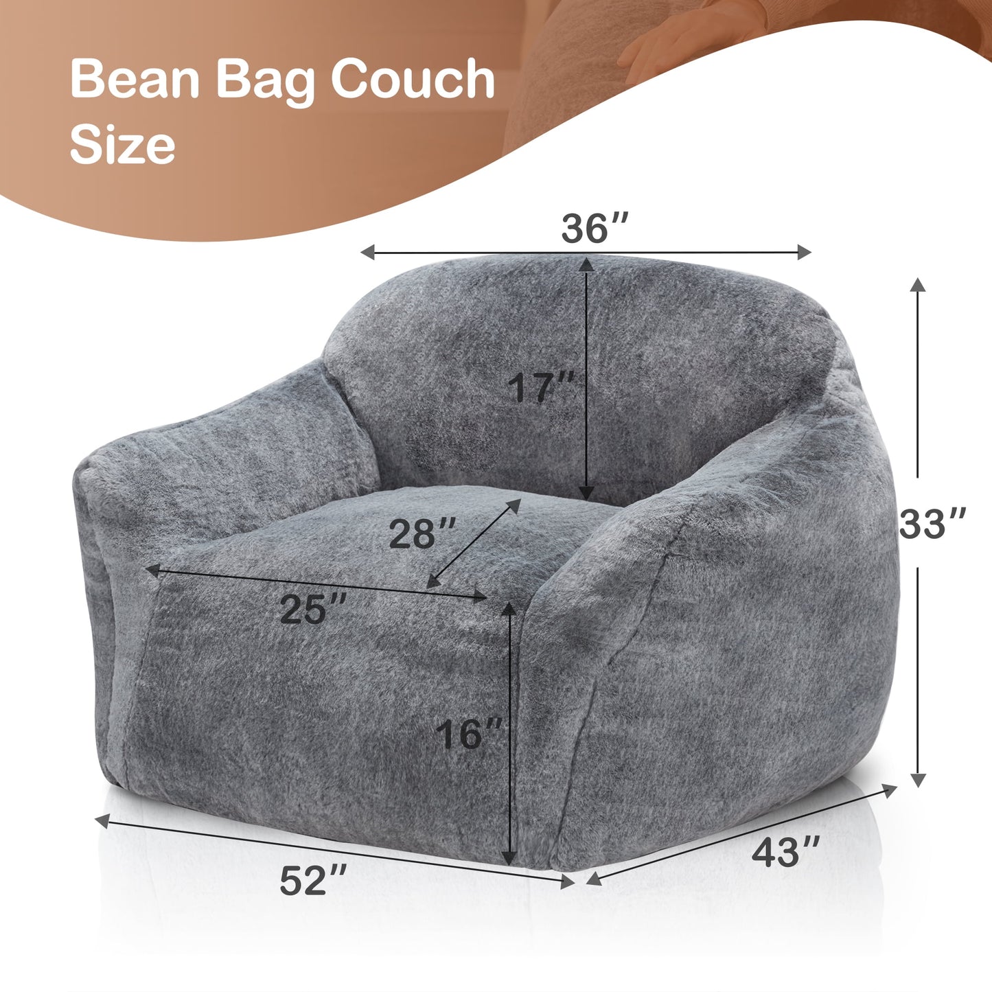 Homgava Oversize Bean Bag Chair Sofa, High-Density Foam, Memory Couch for Adults, Lazy Large Chair with Armrests (Grey)