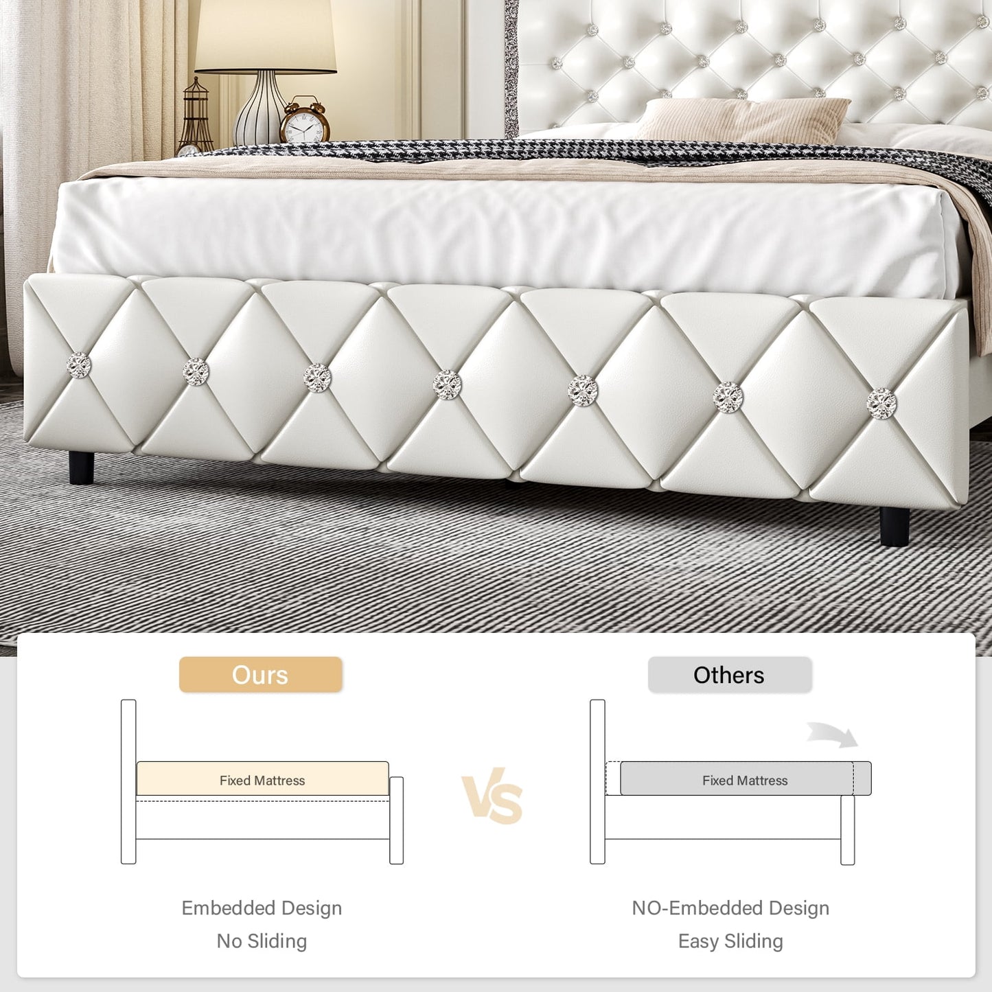4 EVER WINNER King Size Bed Frame with Headboard, Upholstered Platform Bed Frame, Diamond Tufted Headboard & Footboard, White