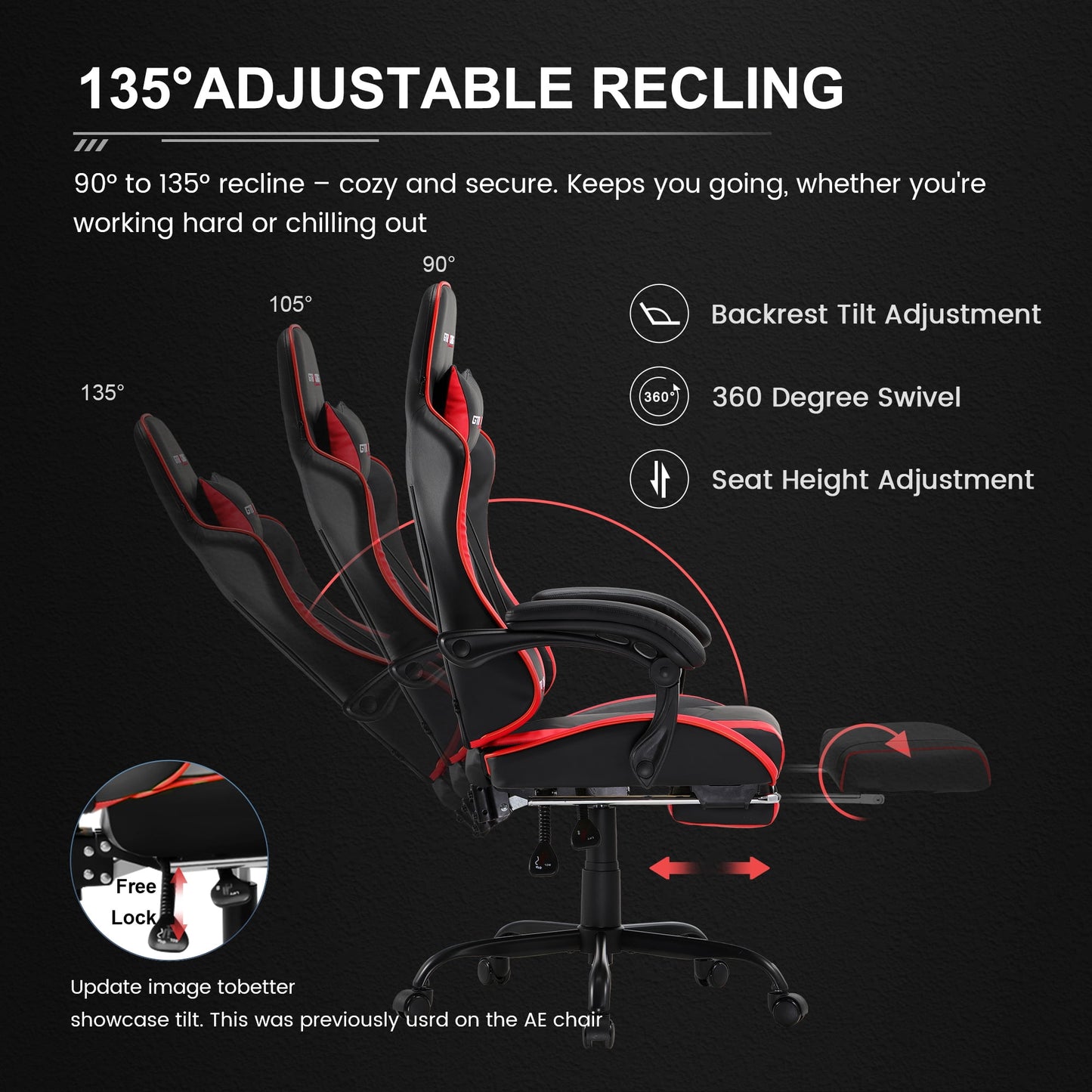 GTRACING GTWD-200 Ergonomic Gaming Chair with Adjustable Pillows and Footrest for Ultimate Comfort, Red