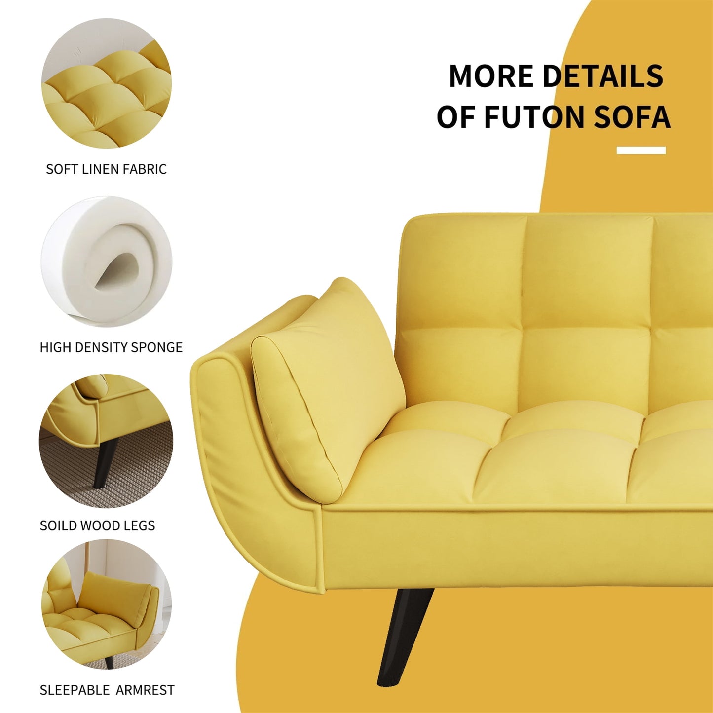 Aukfa 74in Flared Arm Futon Convertible Sofa Bed, Curved Sleeper Sofa for Home Office, Velvet, Yellow
