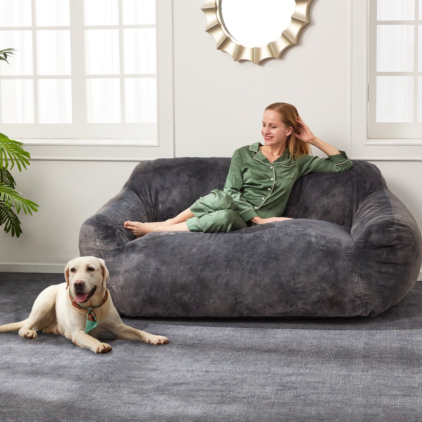 HOMGUAVA Oversized Bean Bag Chair for Adults, Giant Bean Bag Loveseat, Comfy Chair Lazy Sofa with Wide Armrests & Soft Imitation Mink Cover for Bedroom & Living Room, Gray Blue