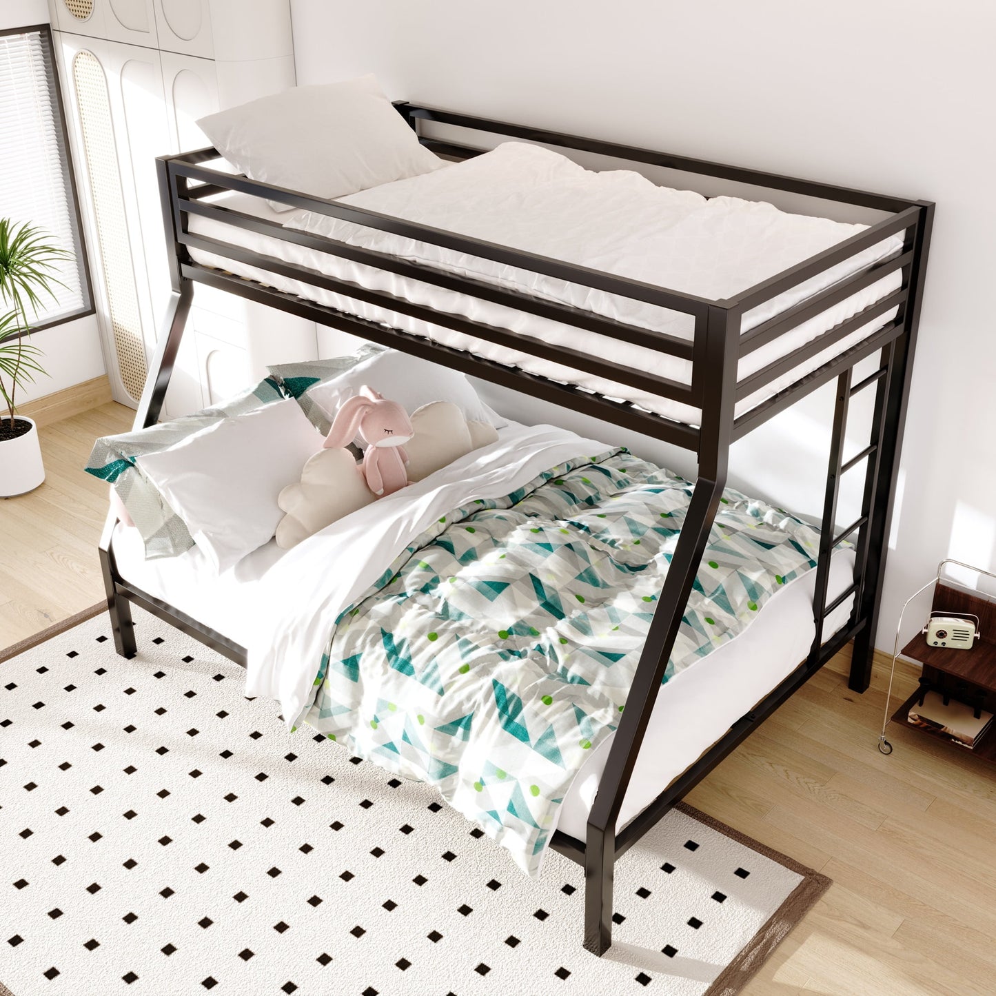 Sifurni Twin Over Full Metal Bunk Bed with Removable Stairs & Full-Length Guardrail, Black