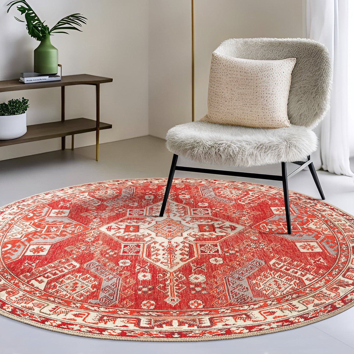 GLN Rugs Knossos - Machine Washable Area Rug - 5' Round Turkish Vintage Rug - Red/Beige
