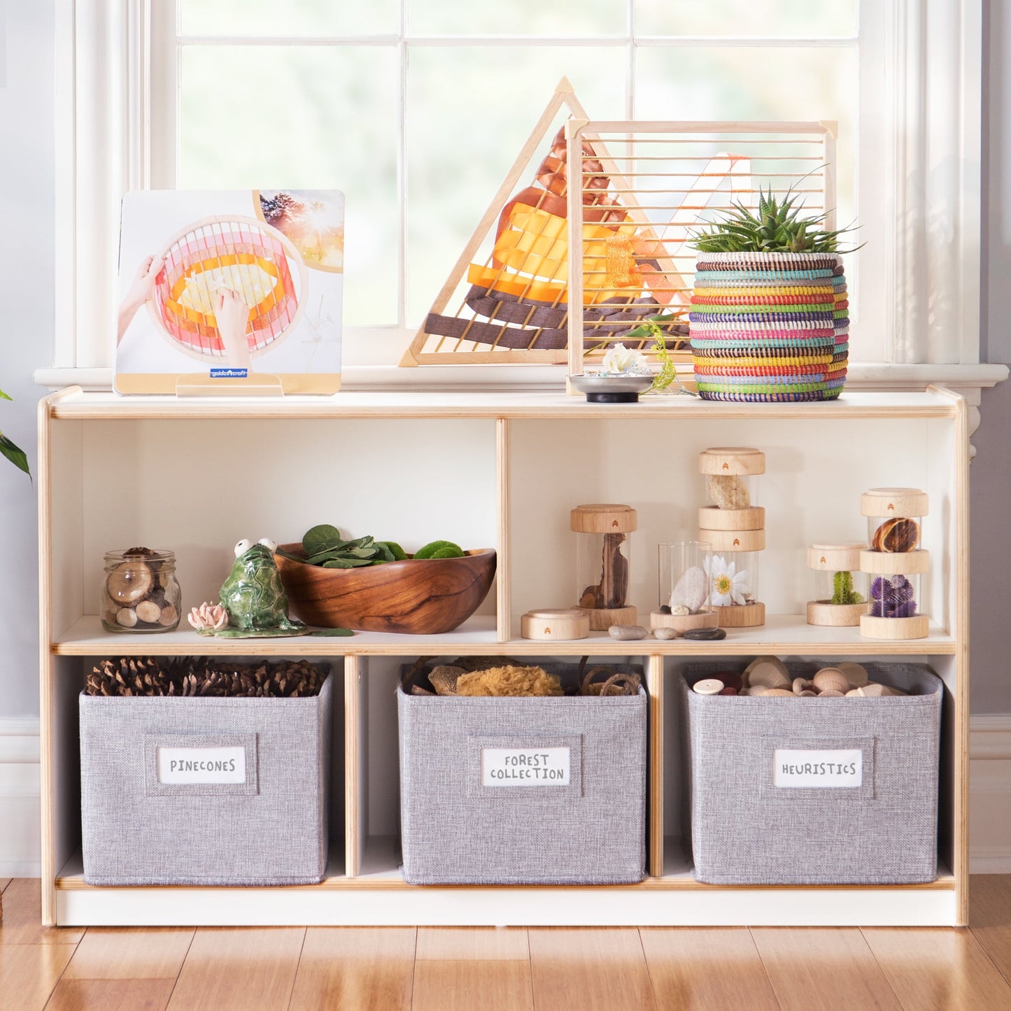 Guidecraft EdQ 2-Shelf 5-Compartment Storage 24in - White: Wooden Classroom and Playroom Bookshelf with Bins for Kids Toys and Books